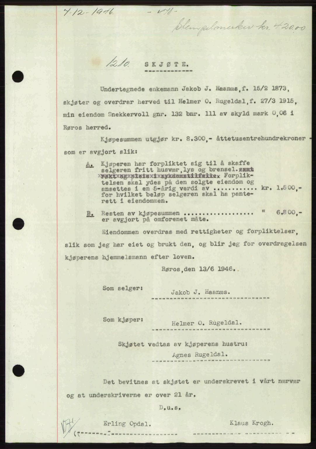 Gauldal sorenskriveri, SAT/A-0014/1/2/2C: Pantebok nr. A2, 1946-1946, Dagboknr: 1210/1946
