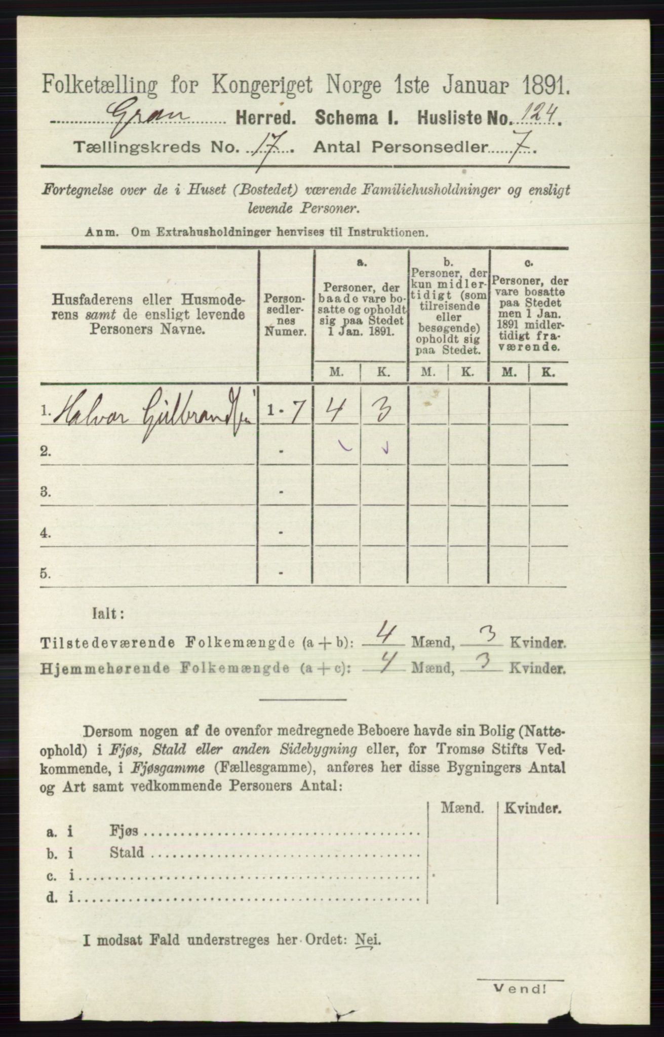 RA, Folketelling 1891 for 0534 Gran herred, 1891, s. 8726