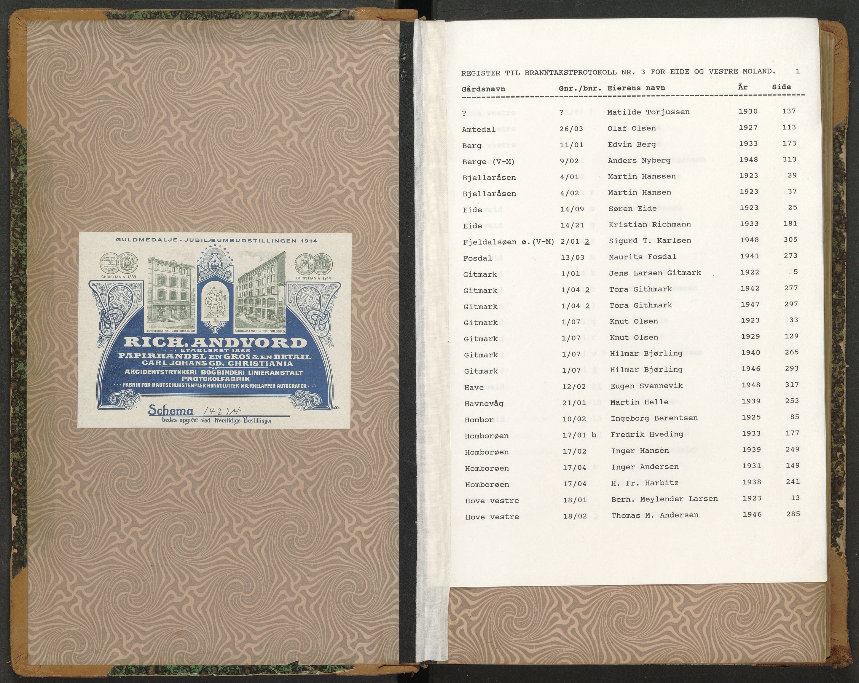 Norges Brannkasse Eide, AV/SAK-2241-0009/F/Fa/L0003: Branntakstprotokoll nr. 3 med gårdsnavnregister, 1922-1949