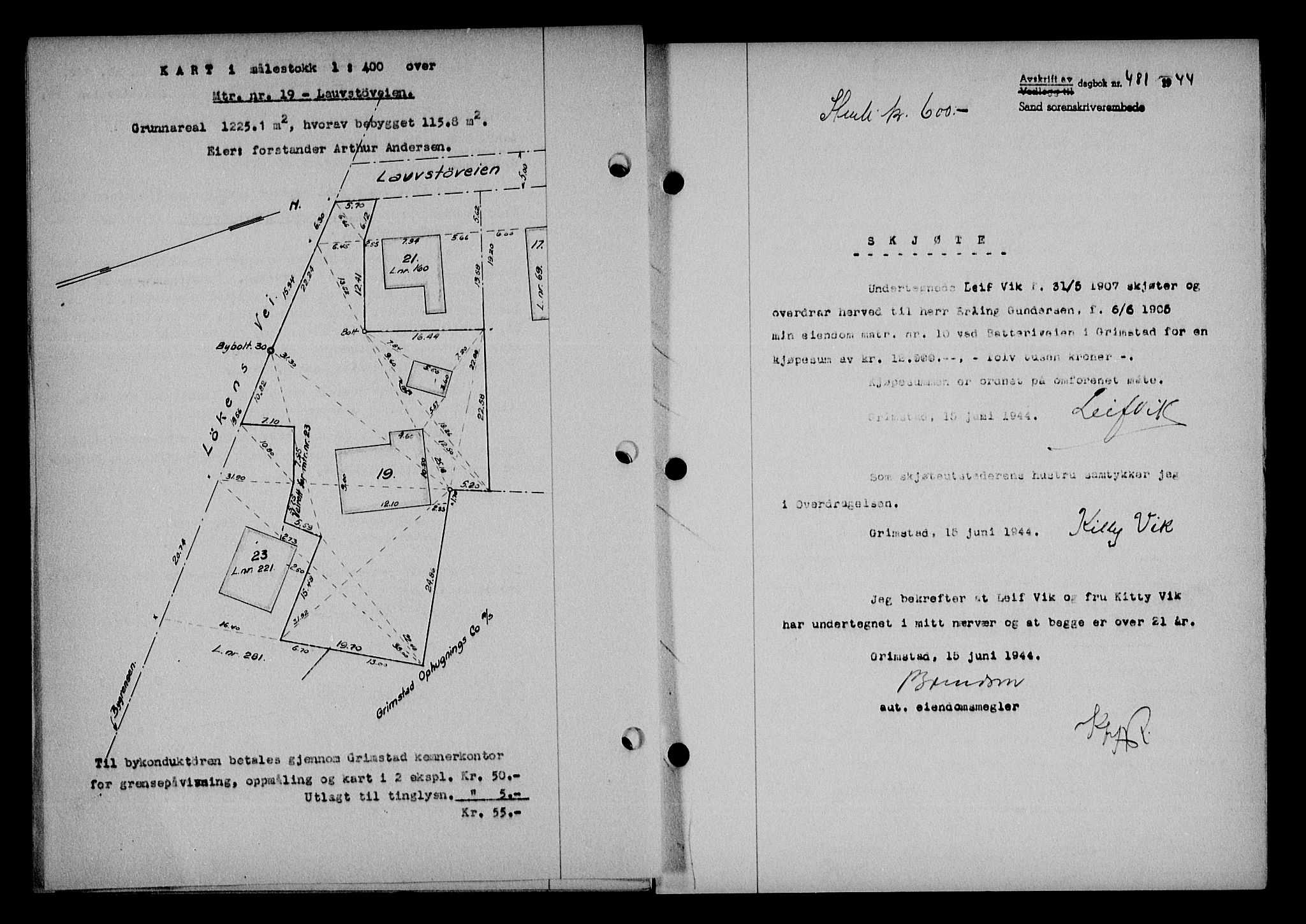 Vestre Nedenes/Sand sorenskriveri, SAK/1221-0010/G/Gb/Gba/L0053: Pantebok nr. A 6, 1944-1945, Dagboknr: 481/1944