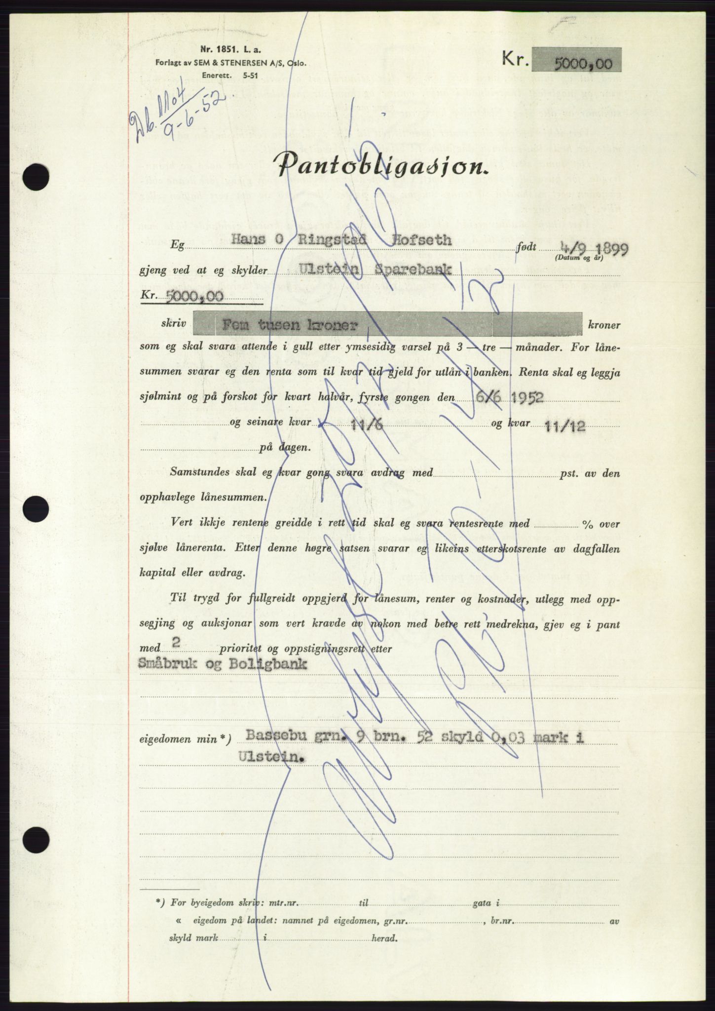 Søre Sunnmøre sorenskriveri, AV/SAT-A-4122/1/2/2C/L0121: Pantebok nr. 9B, 1951-1952, Dagboknr: 1104/1952