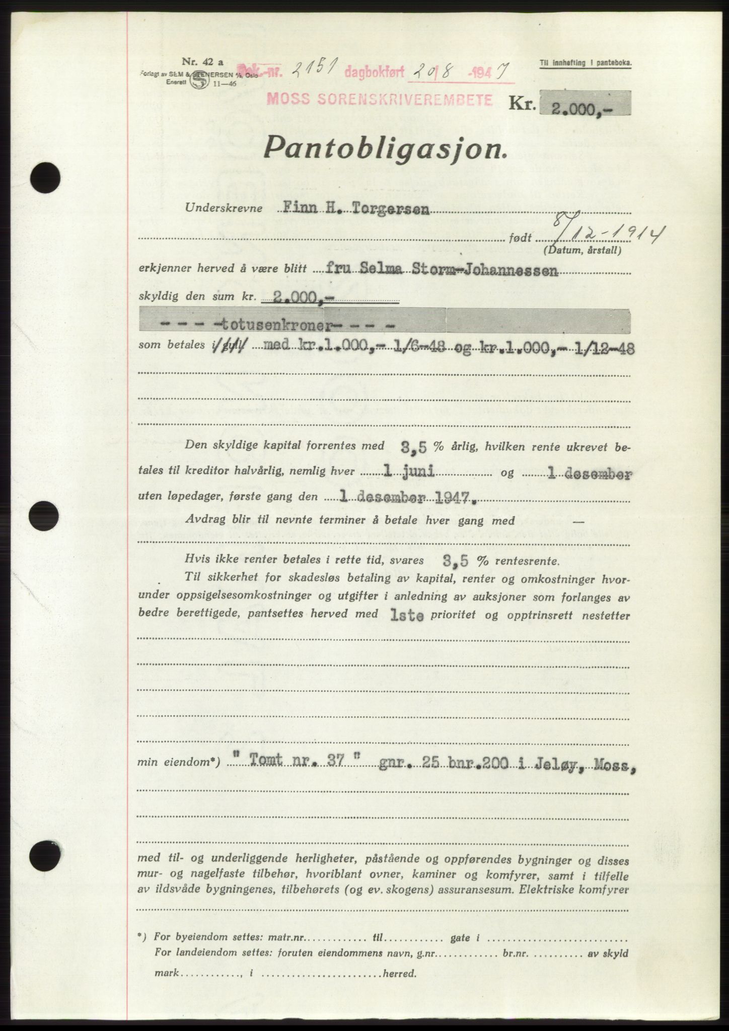Moss sorenskriveri, SAO/A-10168: Pantebok nr. B17, 1947-1947, Dagboknr: 2151/1947