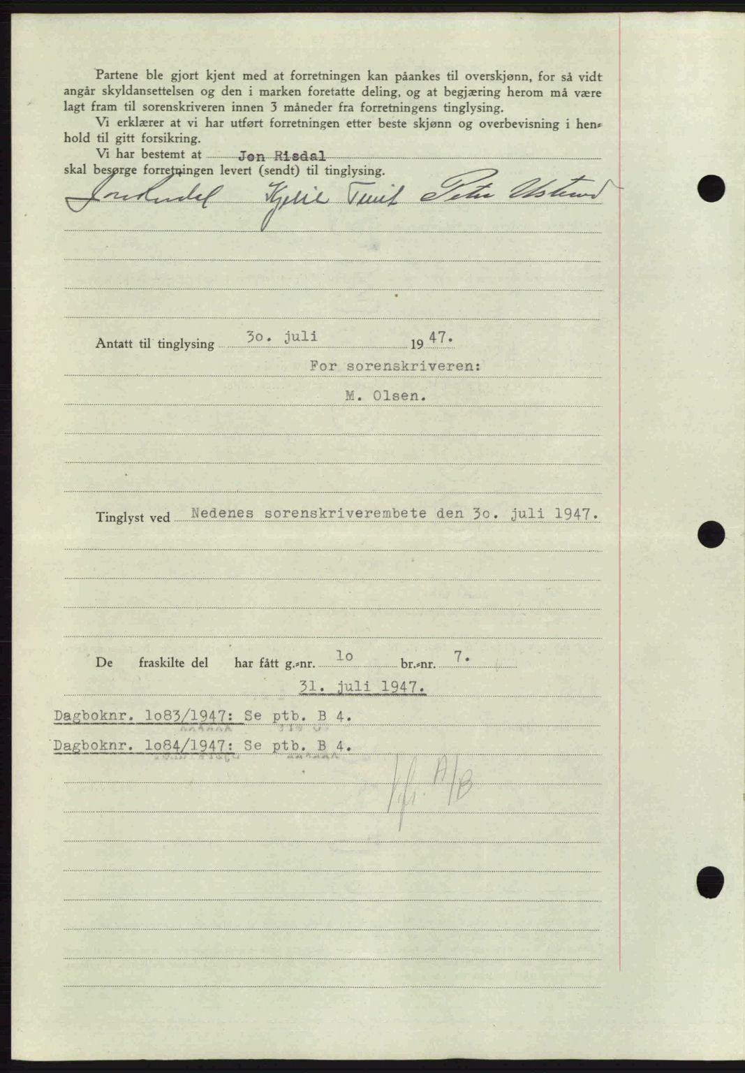 Nedenes sorenskriveri, AV/SAK-1221-0006/G/Gb/Gba/L0057: Pantebok nr. A9, 1947-1947, Dagboknr: 1082/1947