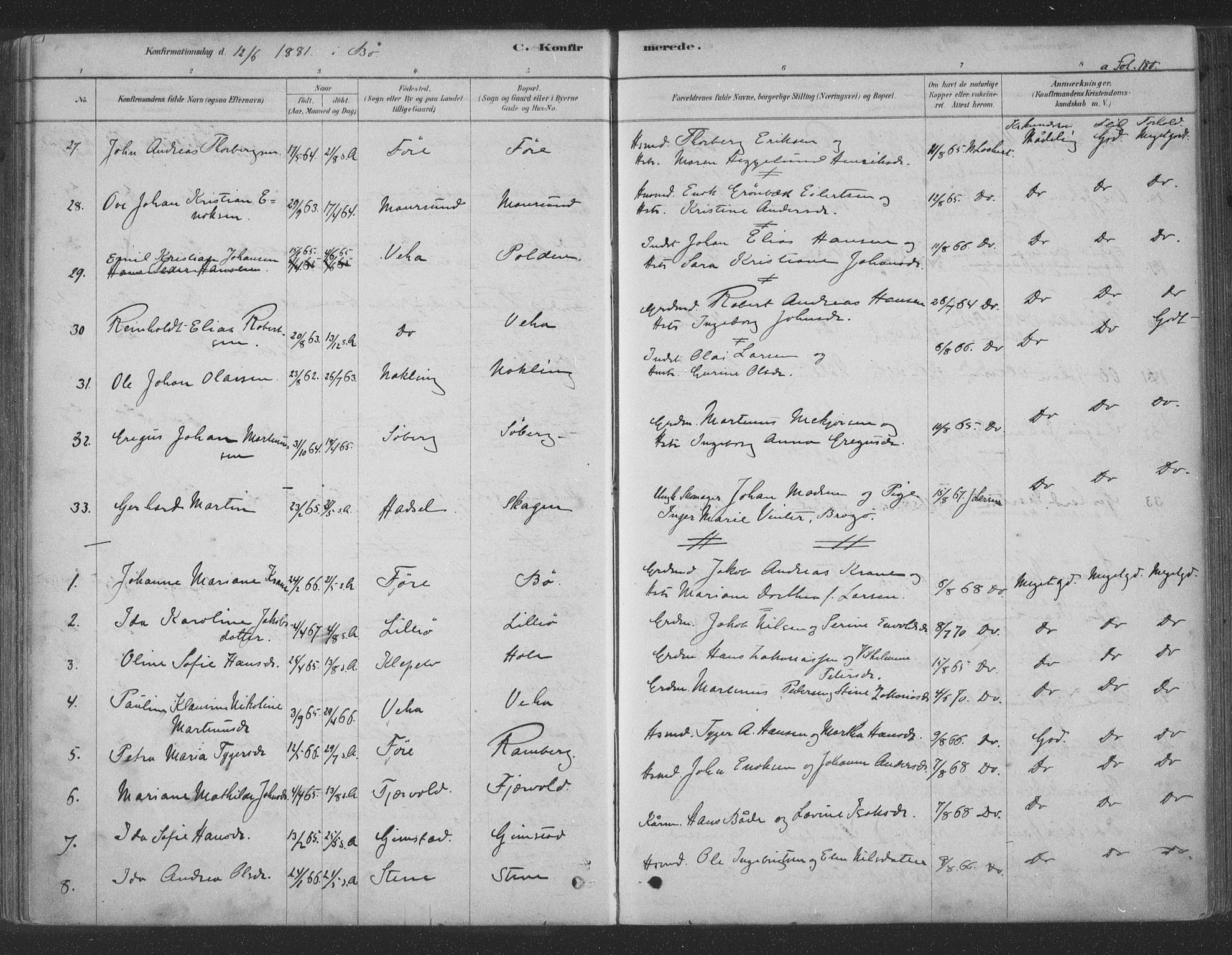 Ministerialprotokoller, klokkerbøker og fødselsregistre - Nordland, AV/SAT-A-1459/891/L1302: Ministerialbok nr. 891A07, 1878-1895, s. 180