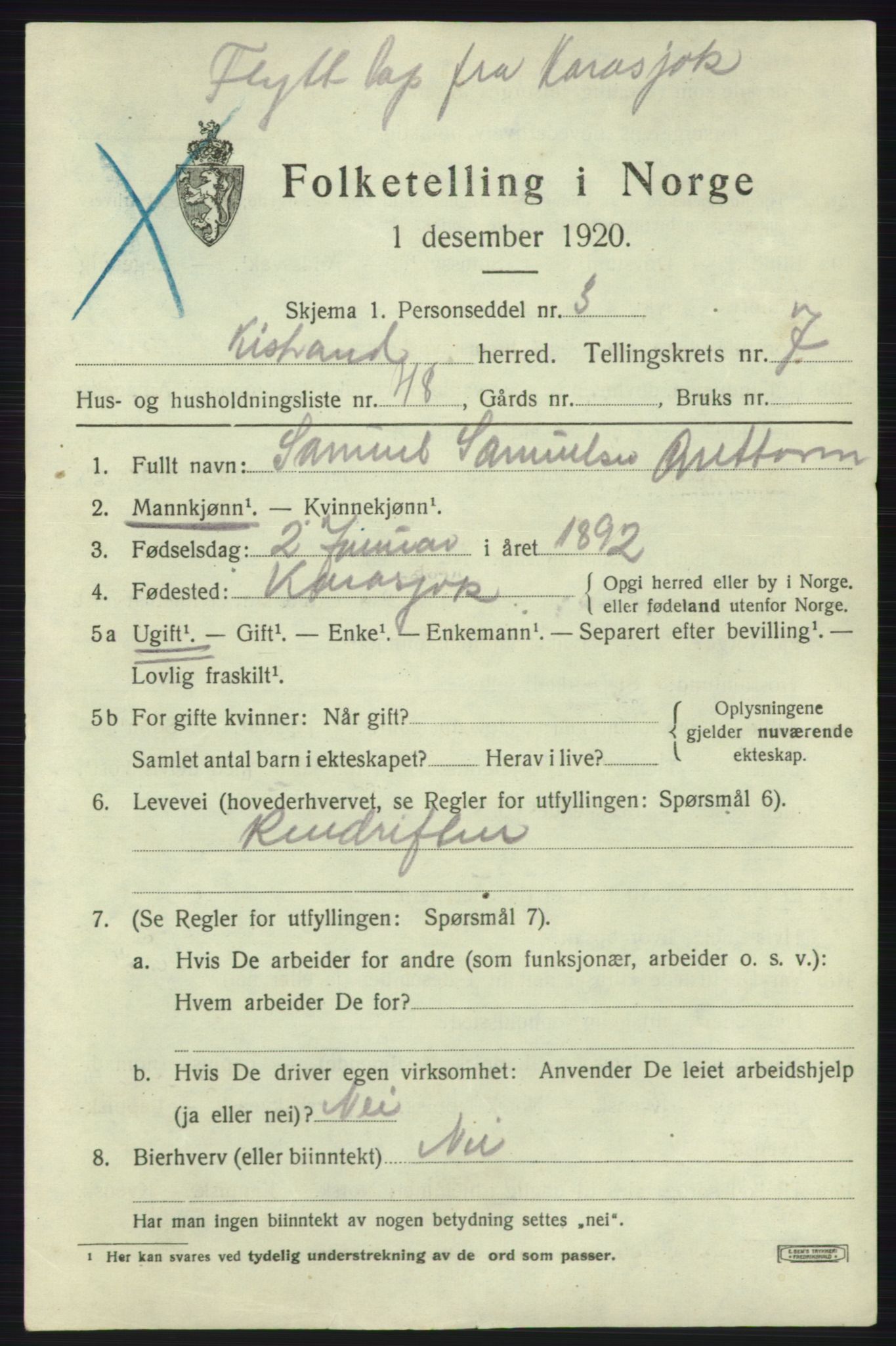 SATØ, Folketelling 1920 for 2020 Kistrand herred, 1920, s. 4742