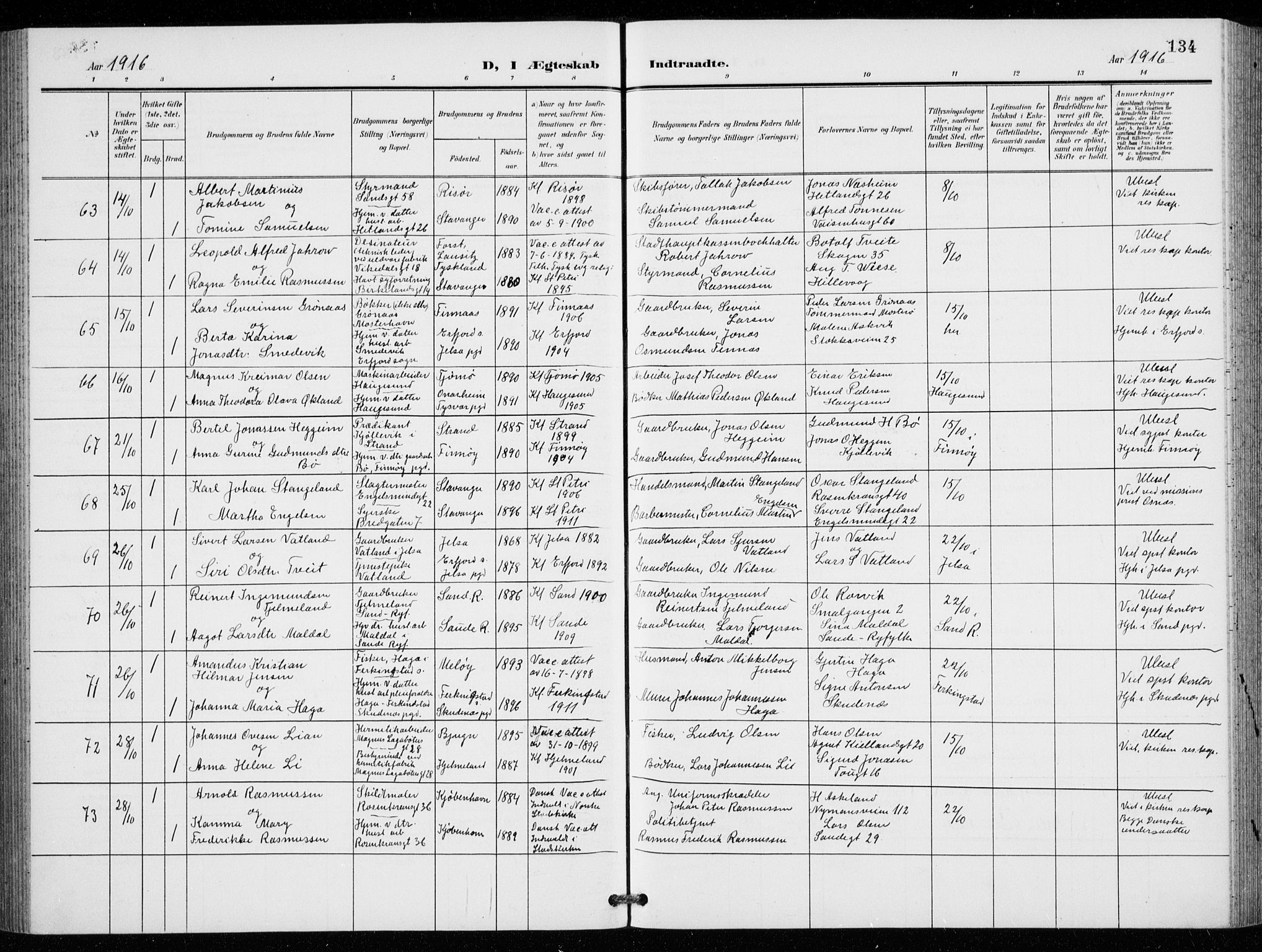 St. Petri sokneprestkontor, AV/SAST-A-101813/001/30/30BB/L0009: Klokkerbok nr. B 9, 1902-1935, s. 134