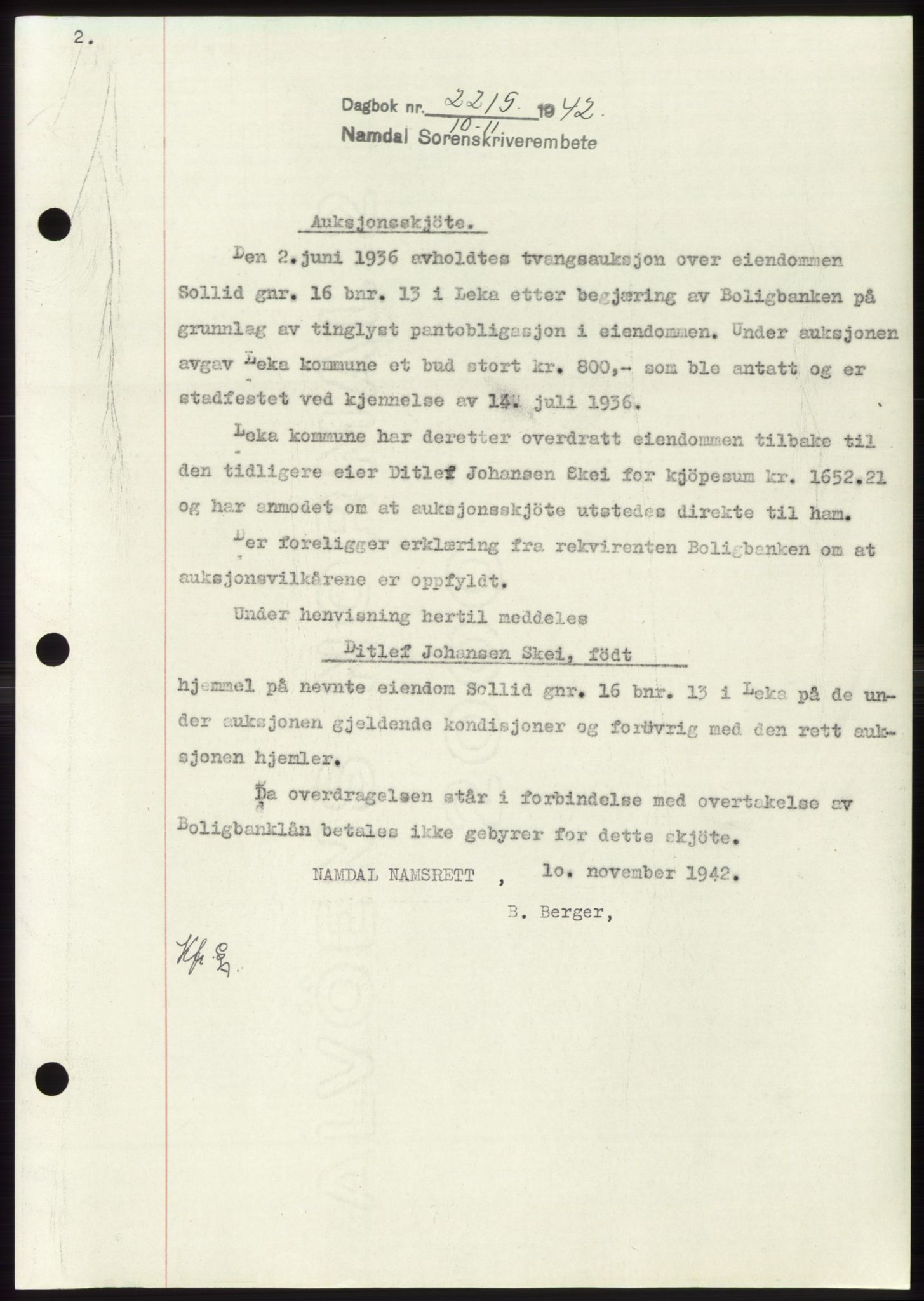 Namdal sorenskriveri, SAT/A-4133/1/2/2C: Pantebok nr. -, 1942-1943, Dagboknr: 2215/1942