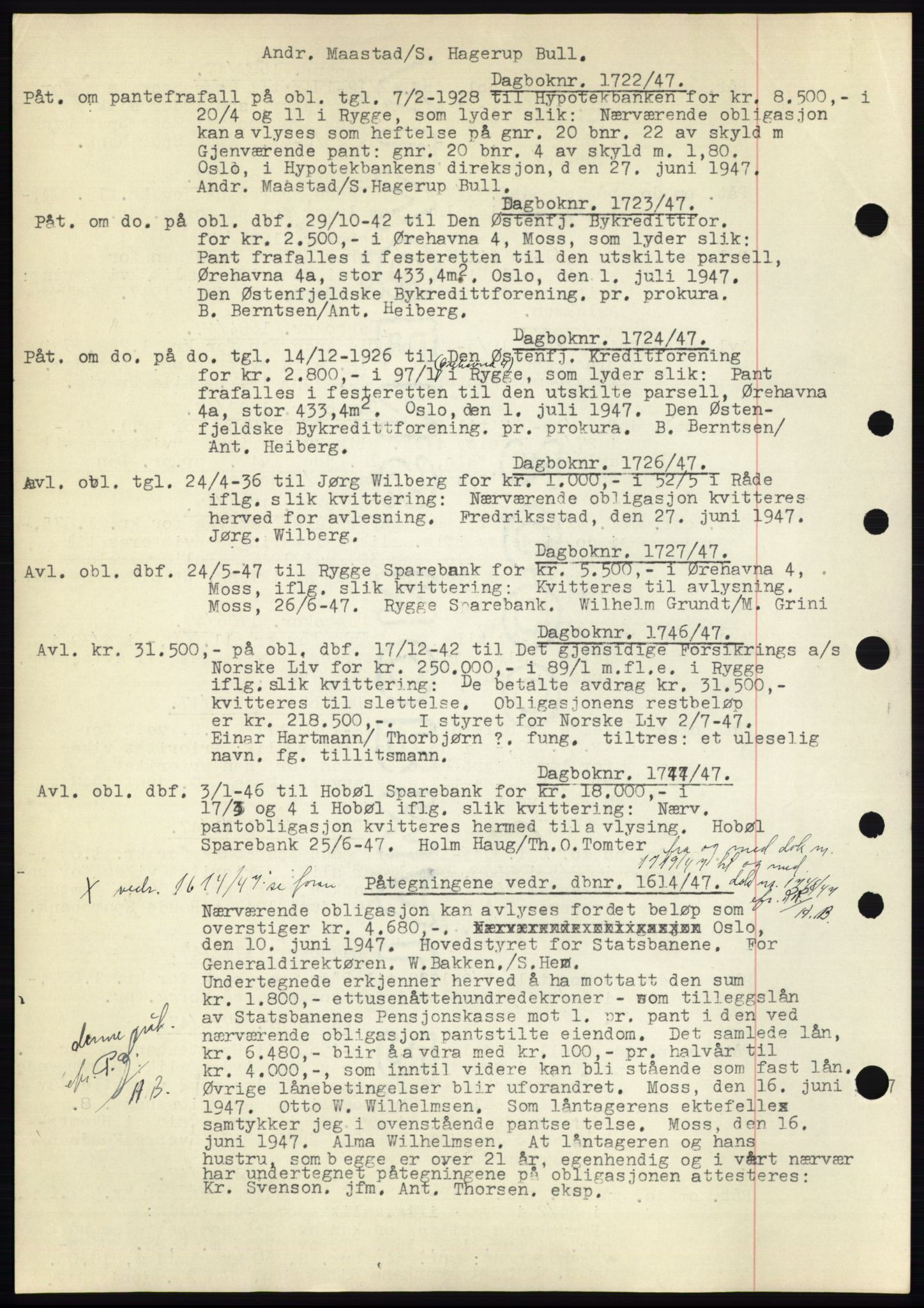 Moss sorenskriveri, SAO/A-10168: Pantebok nr. C10, 1938-1950, Dagboknr: 1722/1947