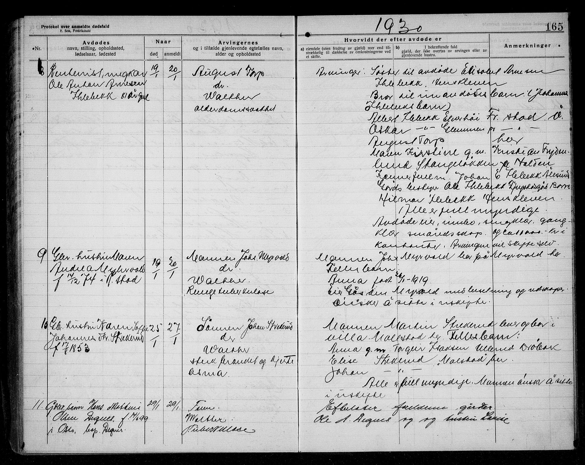 Rakkestad lensmannskontor, SAO/A-10004/H/Ha/Haa/L0004: Dødsanmeldelsesprotokoll, 1920-1931, s. 165