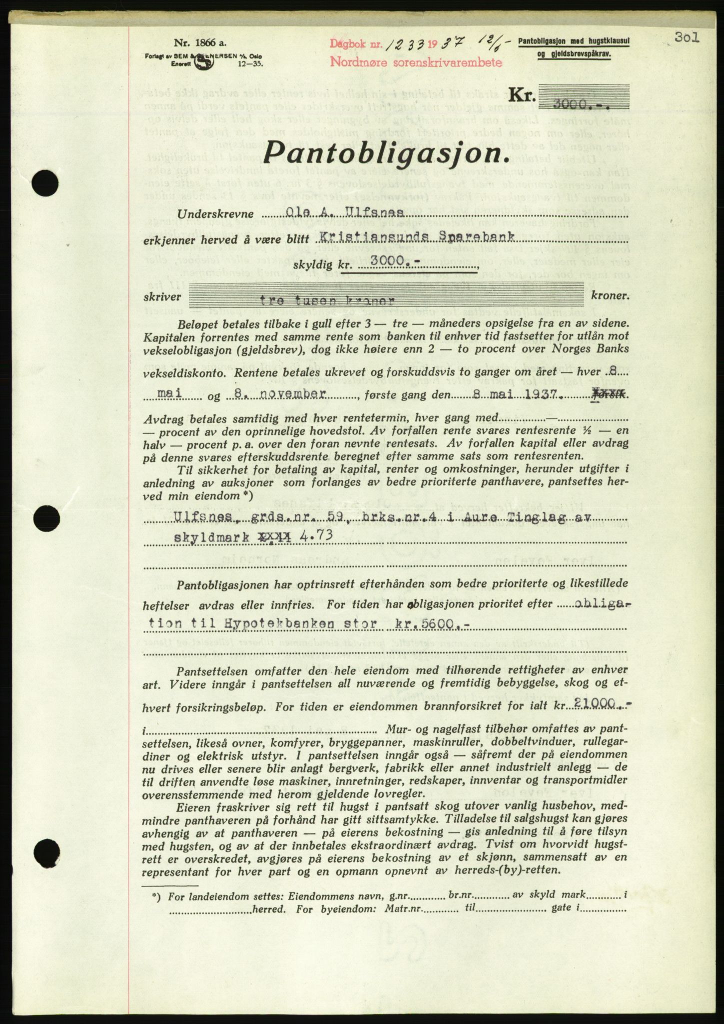 Nordmøre sorenskriveri, AV/SAT-A-4132/1/2/2Ca/L0091: Pantebok nr. B81, 1937-1937, Dagboknr: 1233/1937