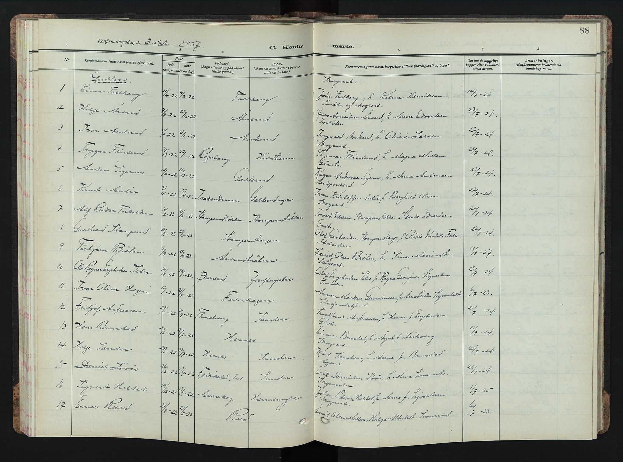 Sør-Odal prestekontor, AV/SAH-PREST-030/H/Ha/Hab/L0013: Klokkerbok nr. 13, 1933-1951, s. 88