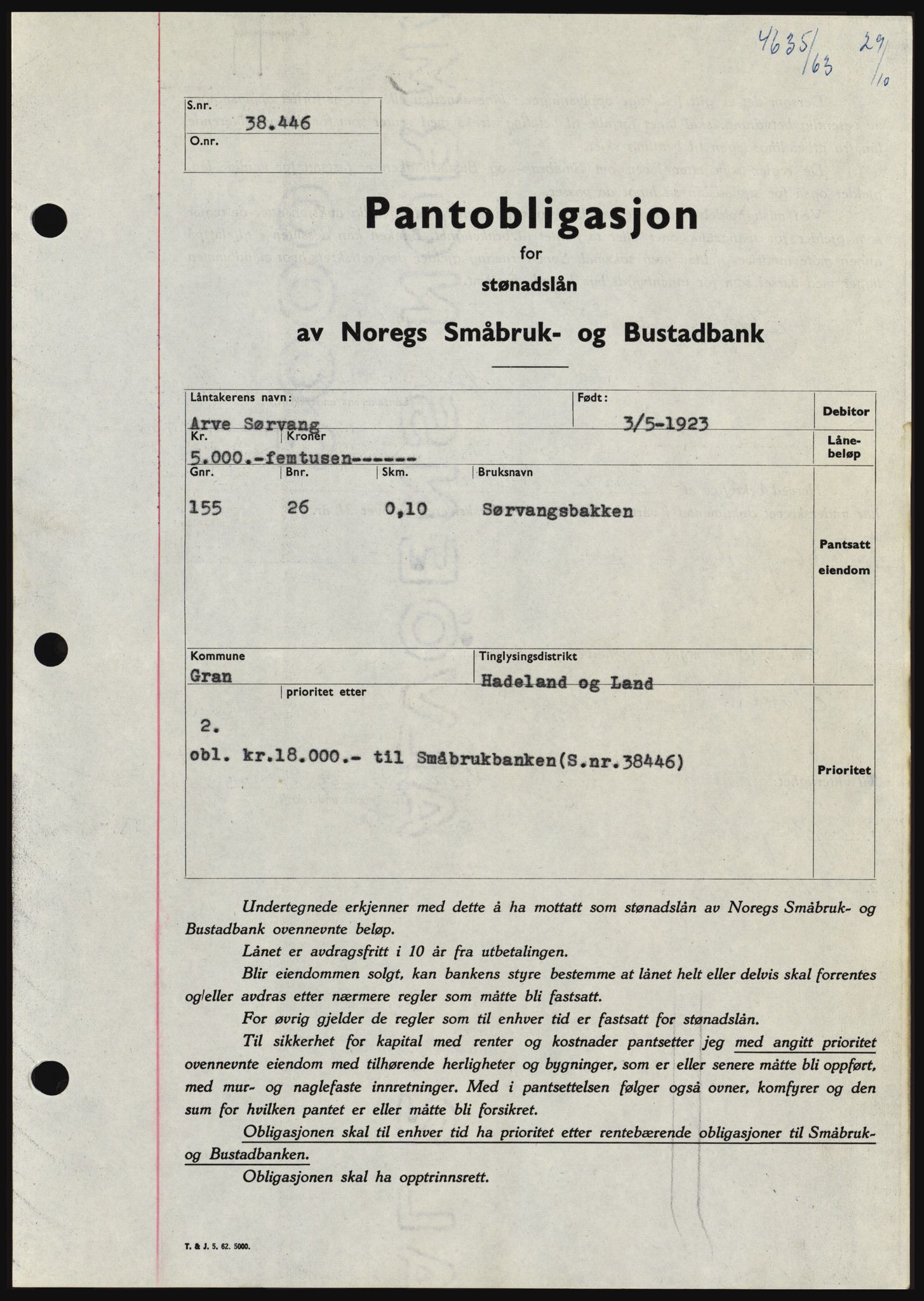 Hadeland og Land tingrett, SAH/TING-010/H/Hb/Hbc/L0053: Pantebok nr. B53, 1963-1964, Dagboknr: 4635/1963