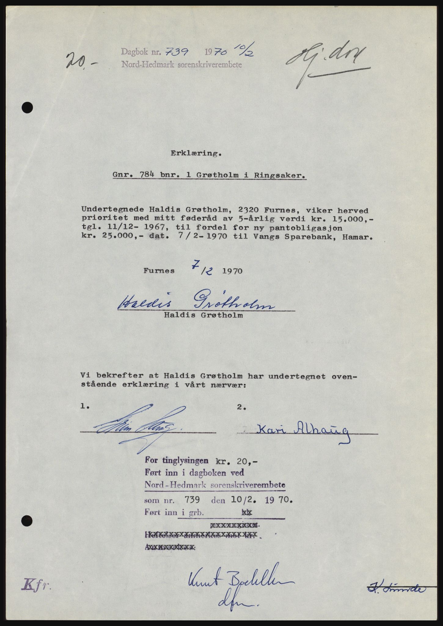 Nord-Hedmark sorenskriveri, AV/SAH-TING-012/H/Hc/L0033: Pantebok nr. 33, 1970-1970, Dagboknr: 739/1970