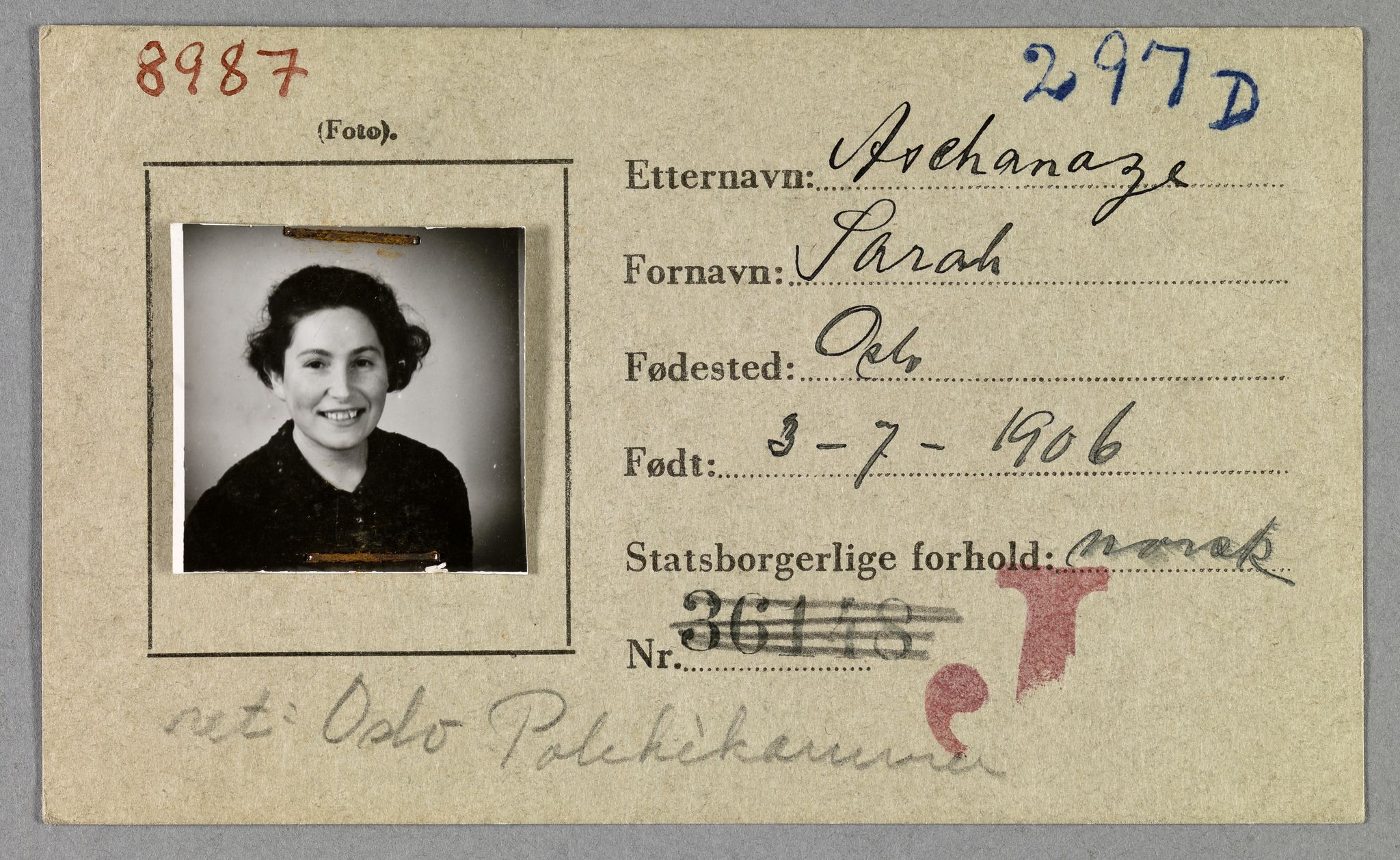 Sosialdepartementet, Våre Falne, RA/S-1708/E/Ee/L0021A: Fotografier av jøder på legitimasjonskort (1941-42), 1941-1942, s. 17
