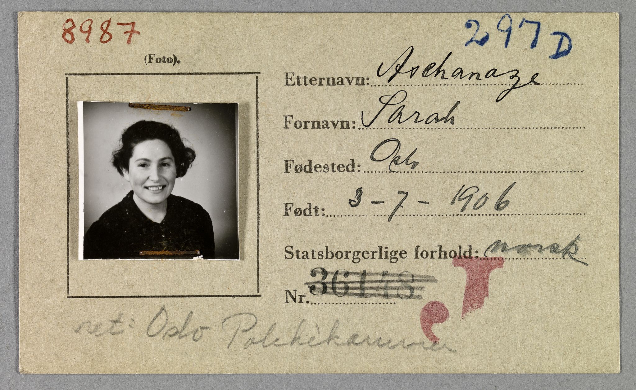 Sosialdepartementet, Våre Falne, AV/RA-S-1708/E/Ee/Eea/L0021A: Legitimasjonskort med fotografier for jøder, 1941-1942, s. 17