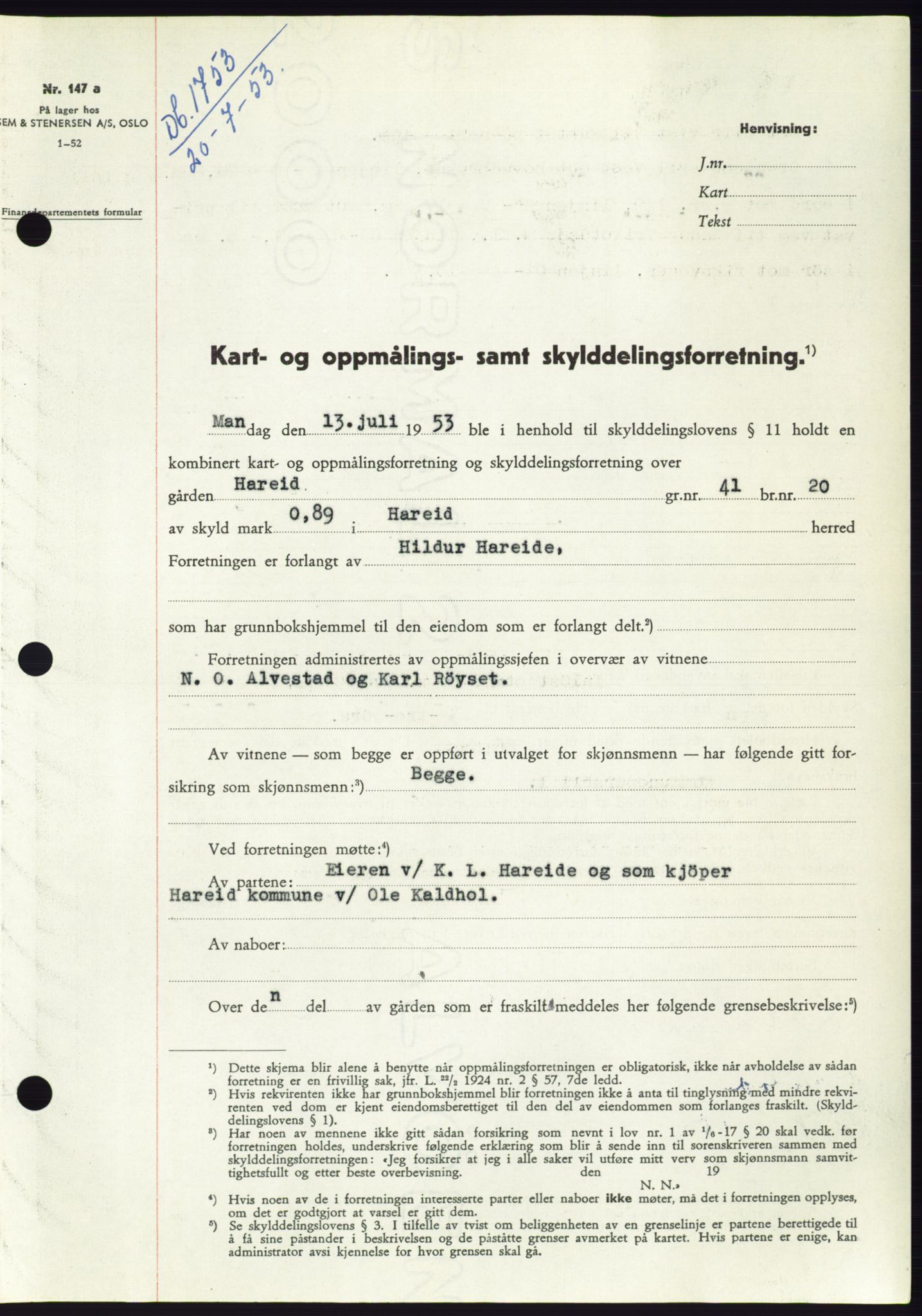 Søre Sunnmøre sorenskriveri, AV/SAT-A-4122/1/2/2C/L0095: Pantebok nr. 21A, 1953-1953, Dagboknr: 1753/1953