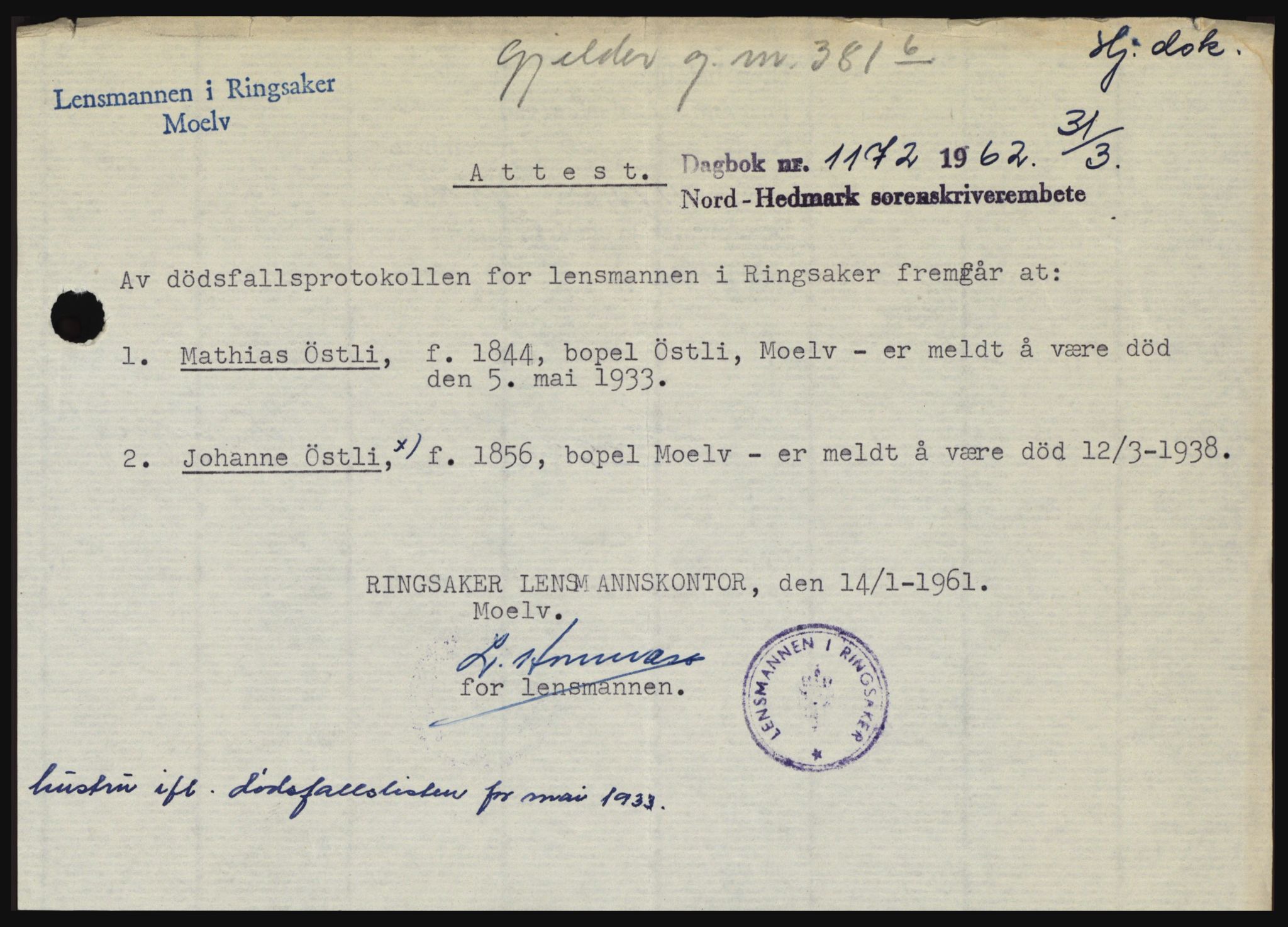 Nord-Hedmark sorenskriveri, SAH/TING-012/H/Hc/L0016: Pantebok nr. 16, 1962-1962, Dagboknr: 1172/1962