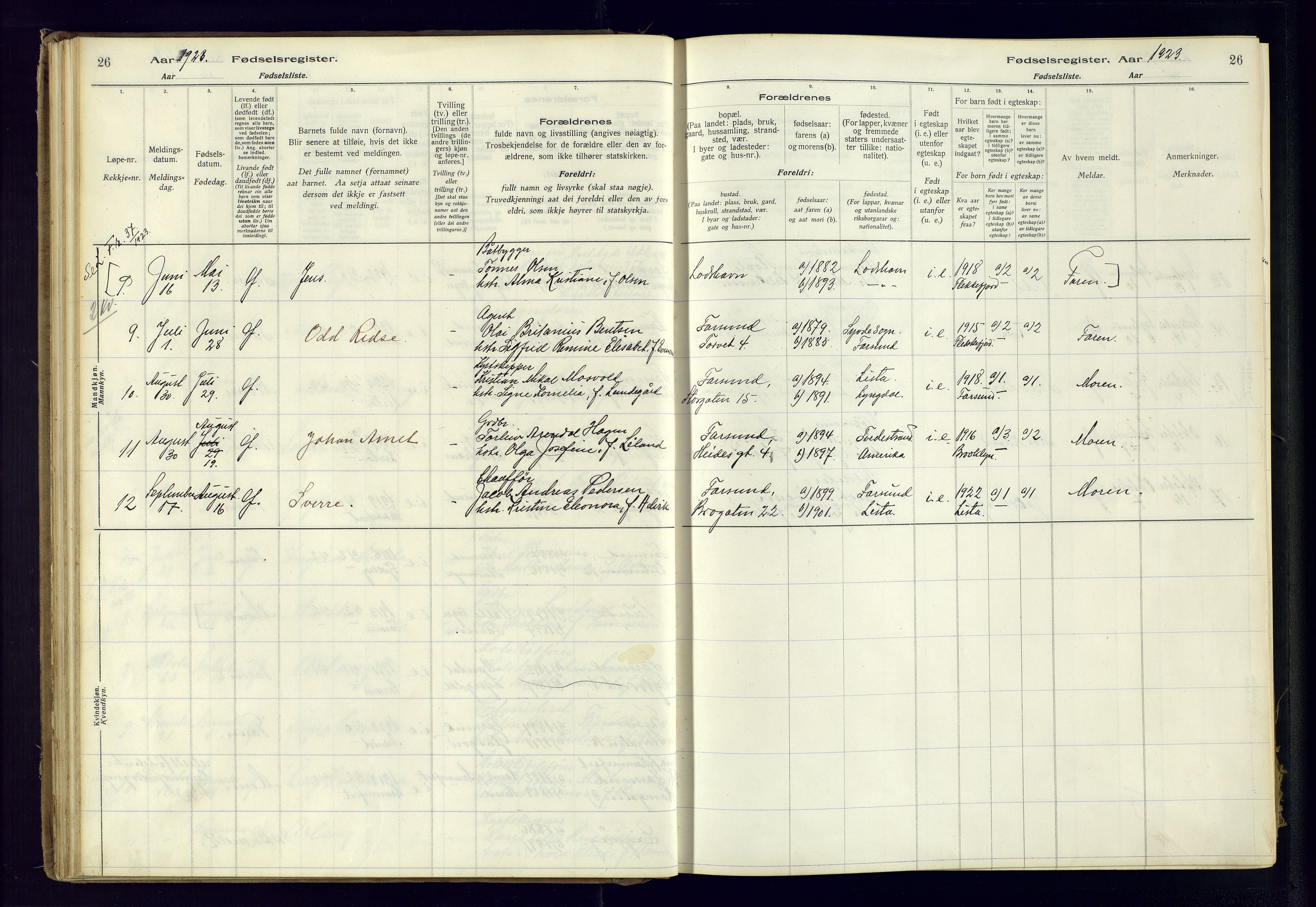 Farsund sokneprestkontor, SAK/1111-0009/J/Ja/L0001: Fødselsregister nr. A-VI-8, 1916-1950, s. 26