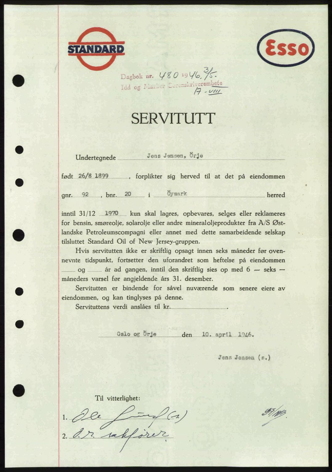 Idd og Marker sorenskriveri, AV/SAO-A-10283/G/Gb/Gbb/L0008: Pantebok nr. A8, 1946-1946, Dagboknr: 480/1946