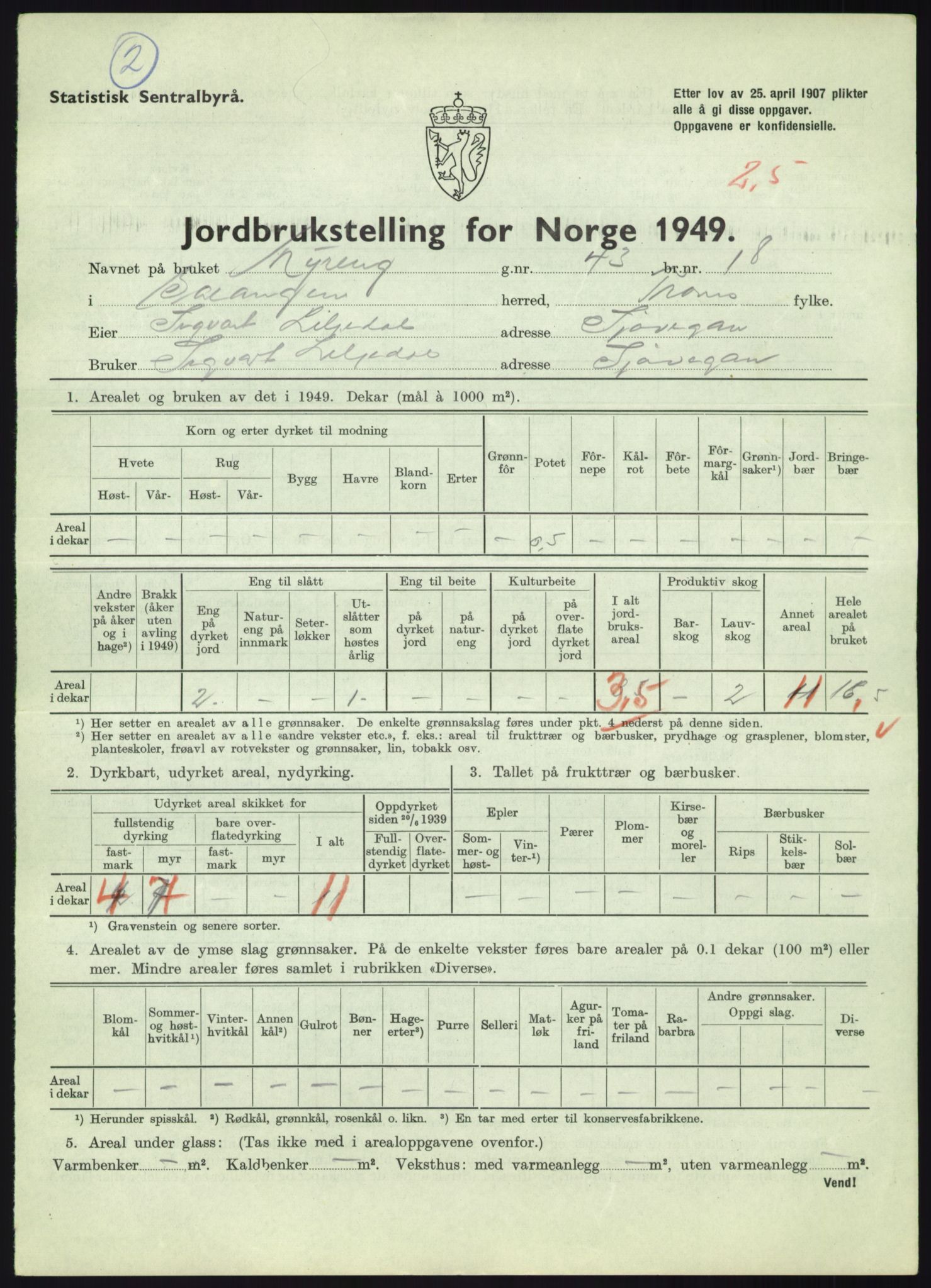 Statistisk sentralbyrå, Næringsøkonomiske emner, Jordbruk, skogbruk, jakt, fiske og fangst, AV/RA-S-2234/G/Gc/L0438: Troms: Salangen og Bardu, 1949, s. 85