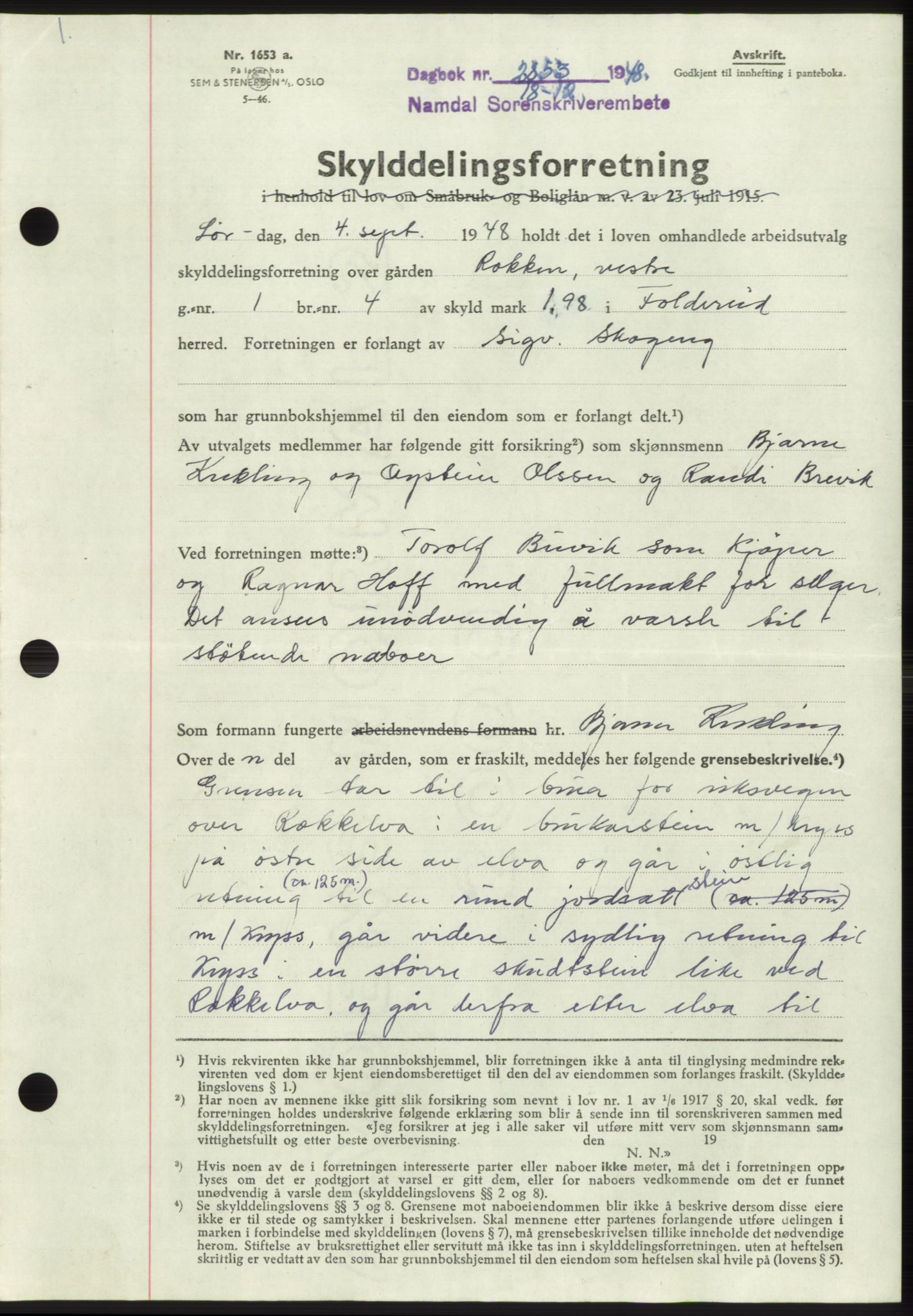 Namdal sorenskriveri, SAT/A-4133/1/2/2C: Pantebok nr. -, 1948-1948, Dagboknr: 2853/1948