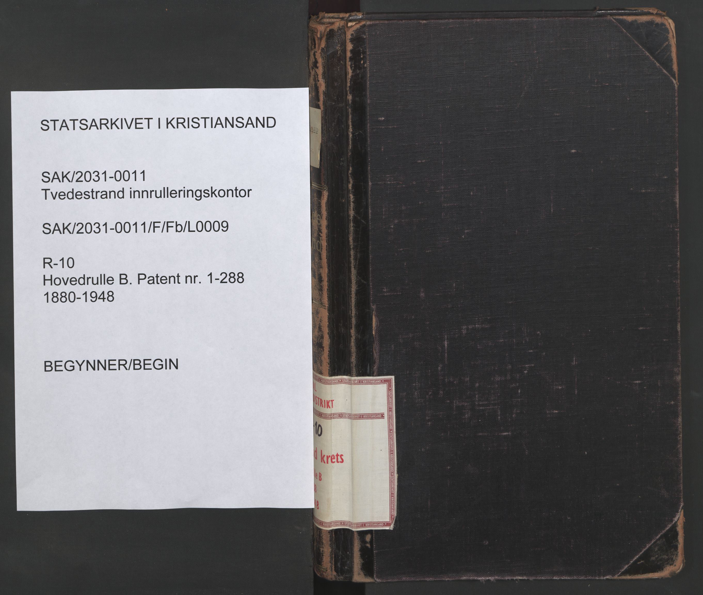 Tvedestrand mønstringskrets, SAK/2031-0011/F/Fb/L0009: Hovedrulle B nr 1-288, R-10, 1880-1948, s. 1