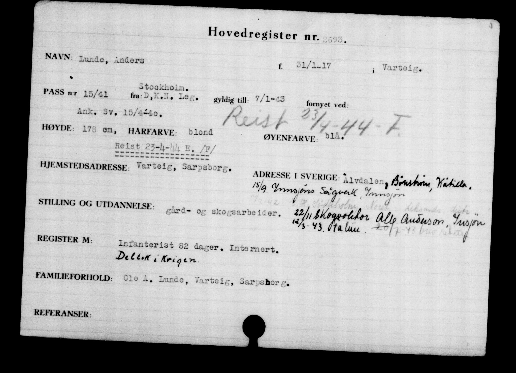 Den Kgl. Norske Legasjons Flyktningskontor, RA/S-6753/V/Va/L0003: Kjesäterkartoteket.  Flyktningenr. 2001-3495, 1940-1945, s. 1071