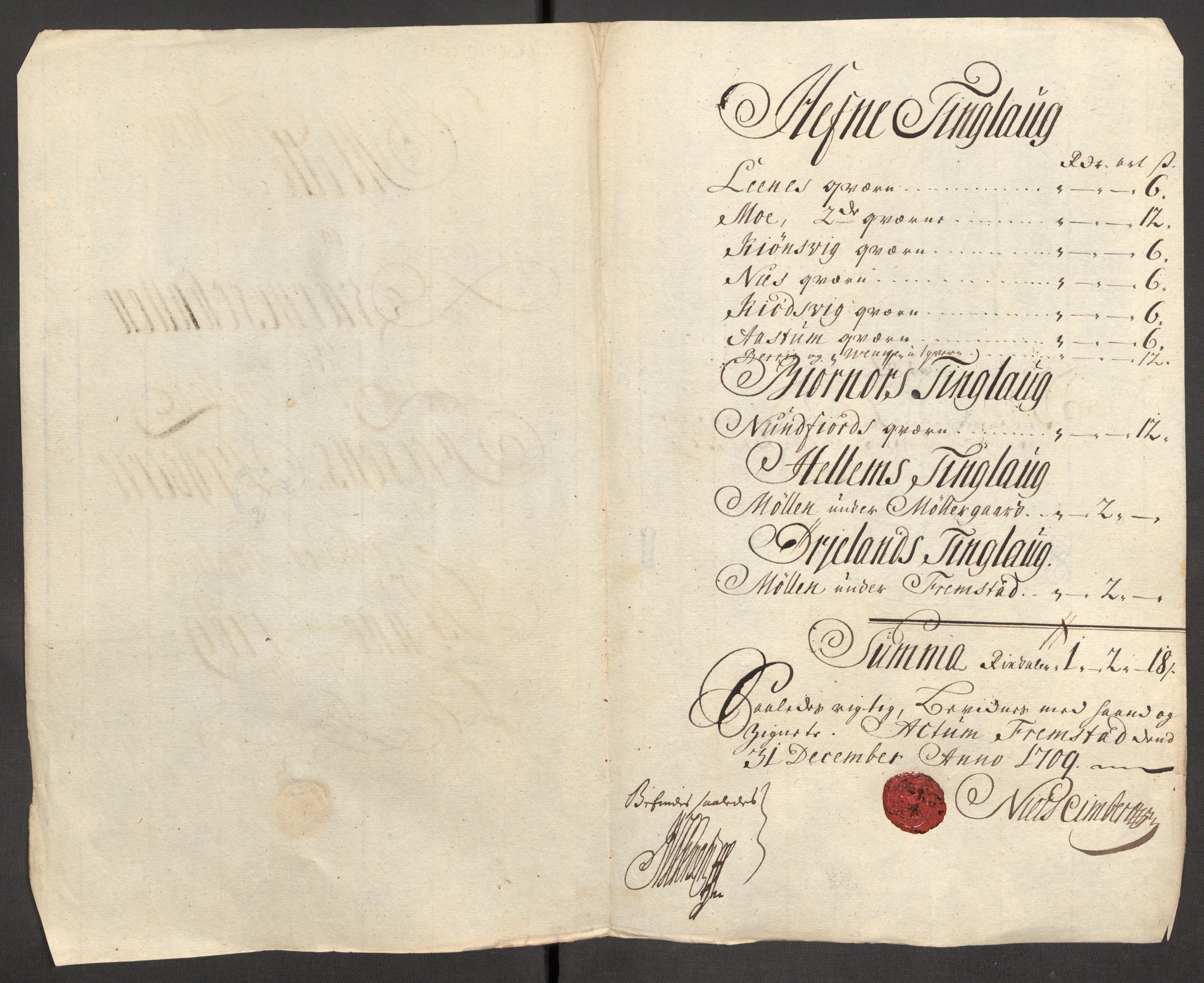 Rentekammeret inntil 1814, Reviderte regnskaper, Fogderegnskap, RA/EA-4092/R57/L3858: Fogderegnskap Fosen, 1708-1709, s. 289