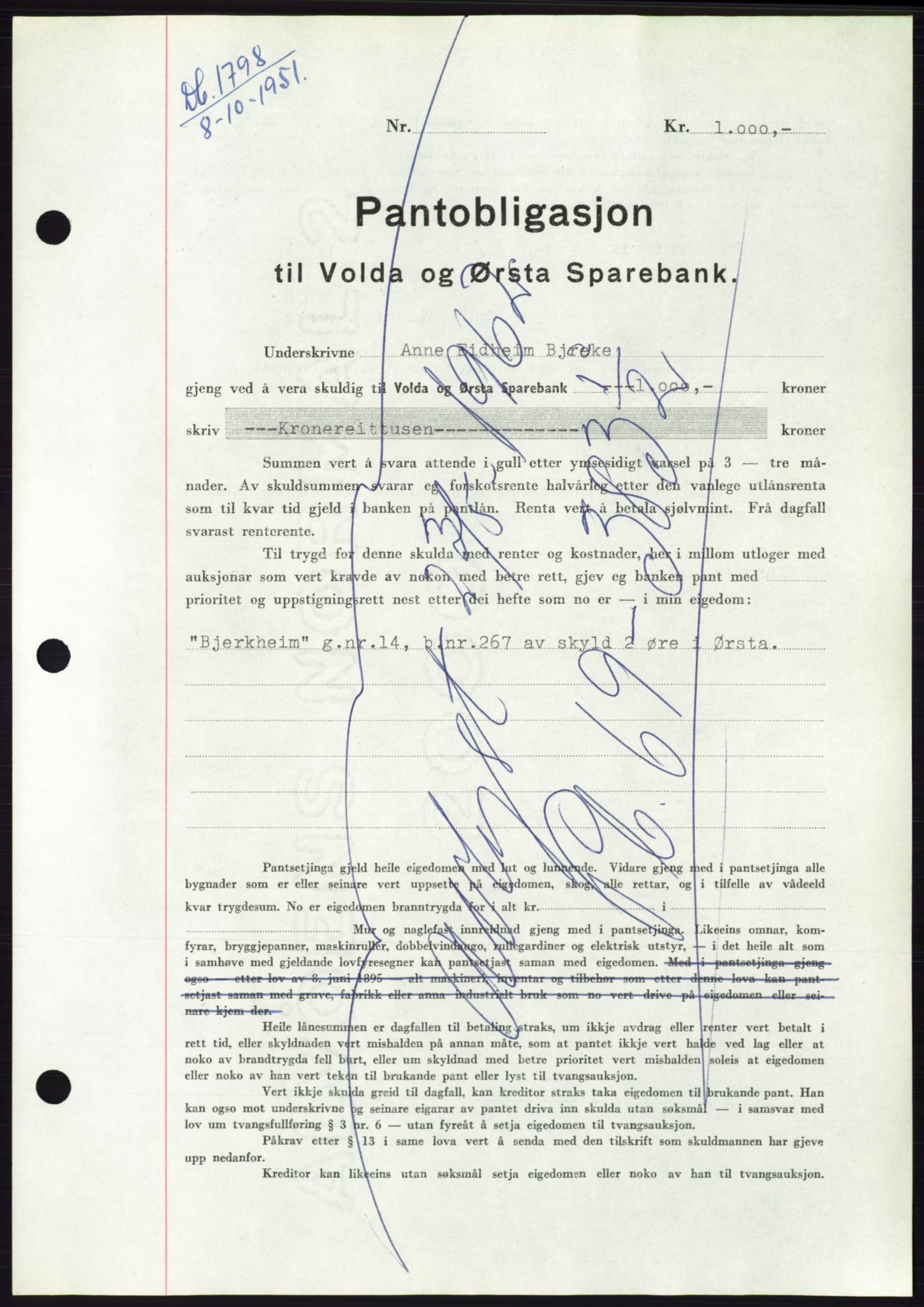 Søre Sunnmøre sorenskriveri, AV/SAT-A-4122/1/2/2C/L0120: Pantebok nr. 8B, 1951-1951, Dagboknr: 1798/1951
