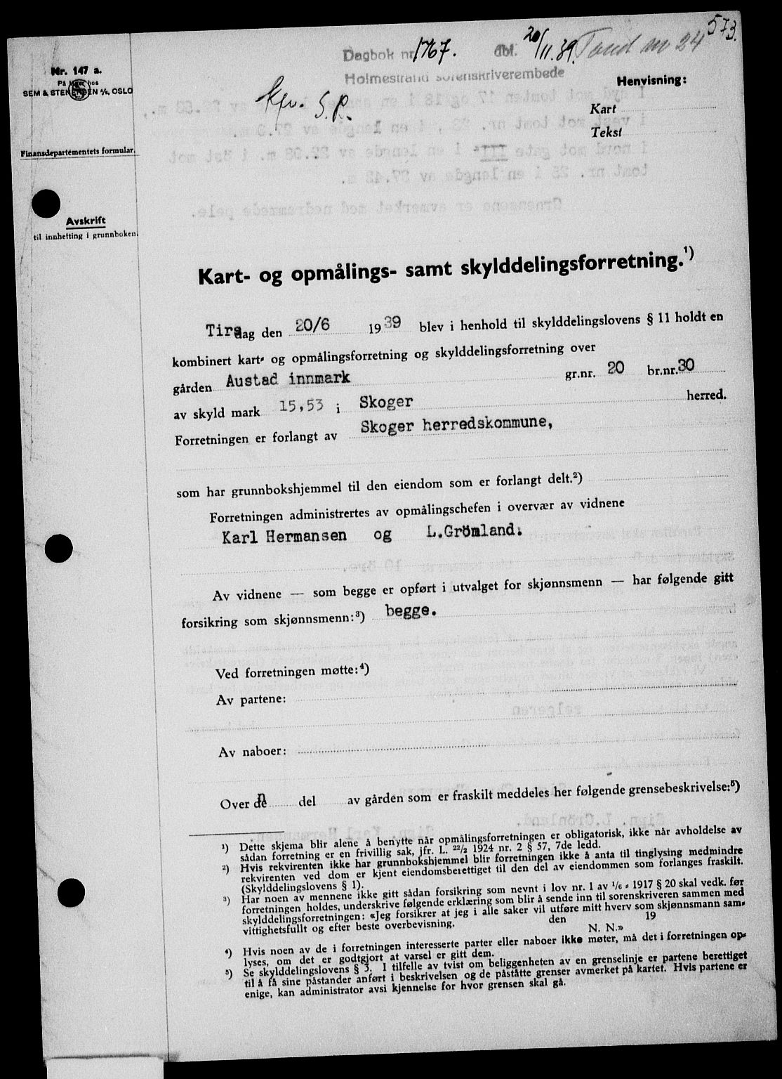 Holmestrand sorenskriveri, SAKO/A-67/G/Ga/Gaa/L0051: Pantebok nr. A-51, 1939-1940, Dagboknr: 1767/1939