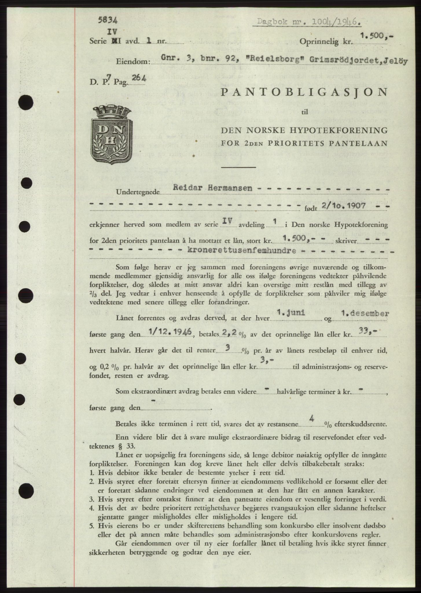 Moss sorenskriveri, SAO/A-10168: Pantebok nr. B15, 1946-1946, Dagboknr: 1004/1946