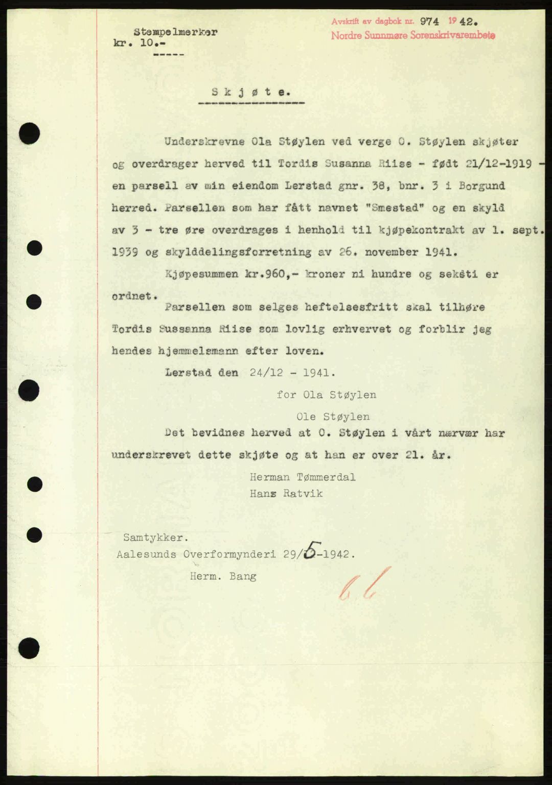 Nordre Sunnmøre sorenskriveri, SAT/A-0006/1/2/2C/2Ca: Pantebok nr. A13, 1942-1942, Dagboknr: 974/1942