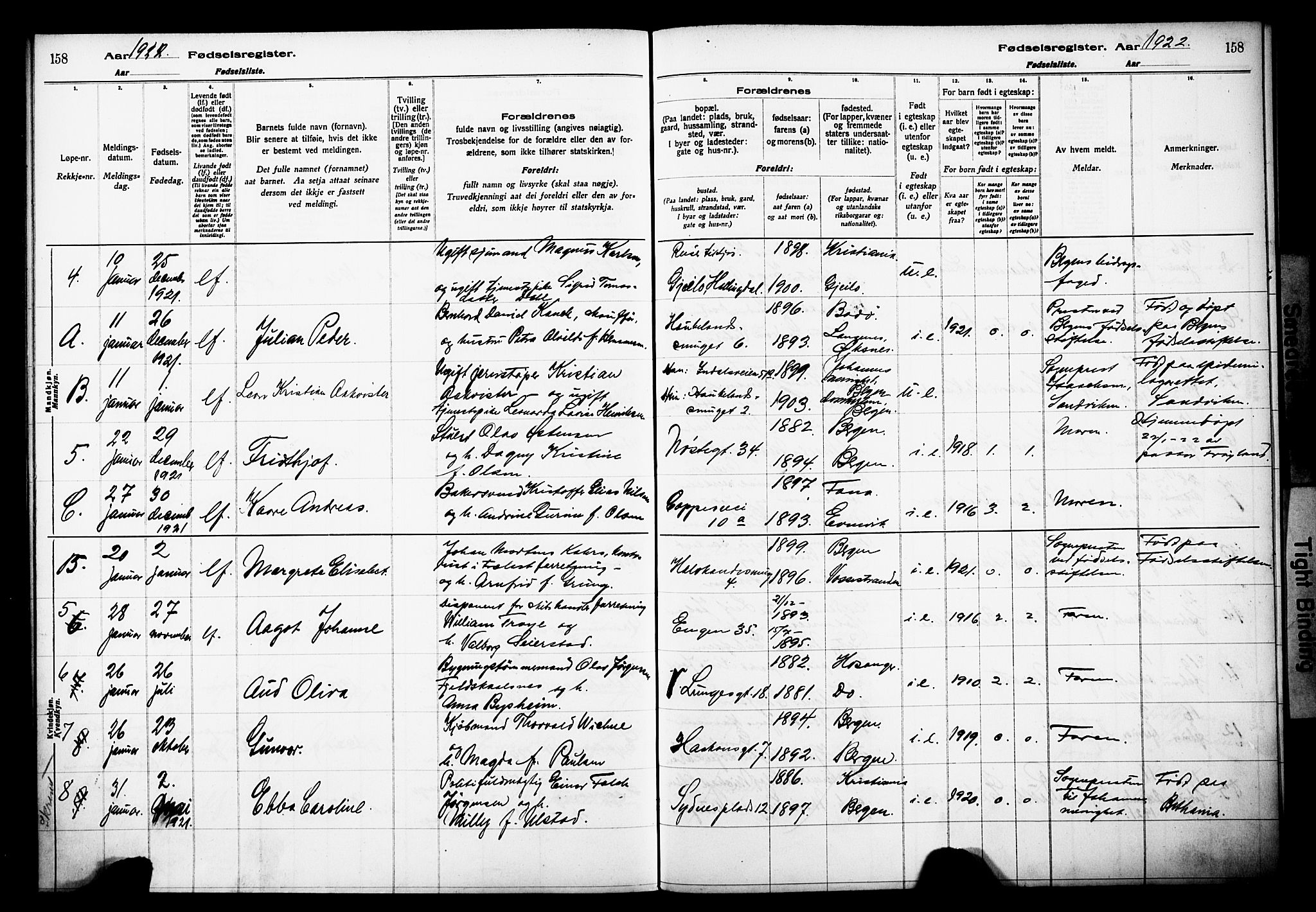 Domkirken sokneprestembete, SAB/A-74801/I/Id/L00A1: Fødselsregister nr. A 1, 1916-1923, s. 158