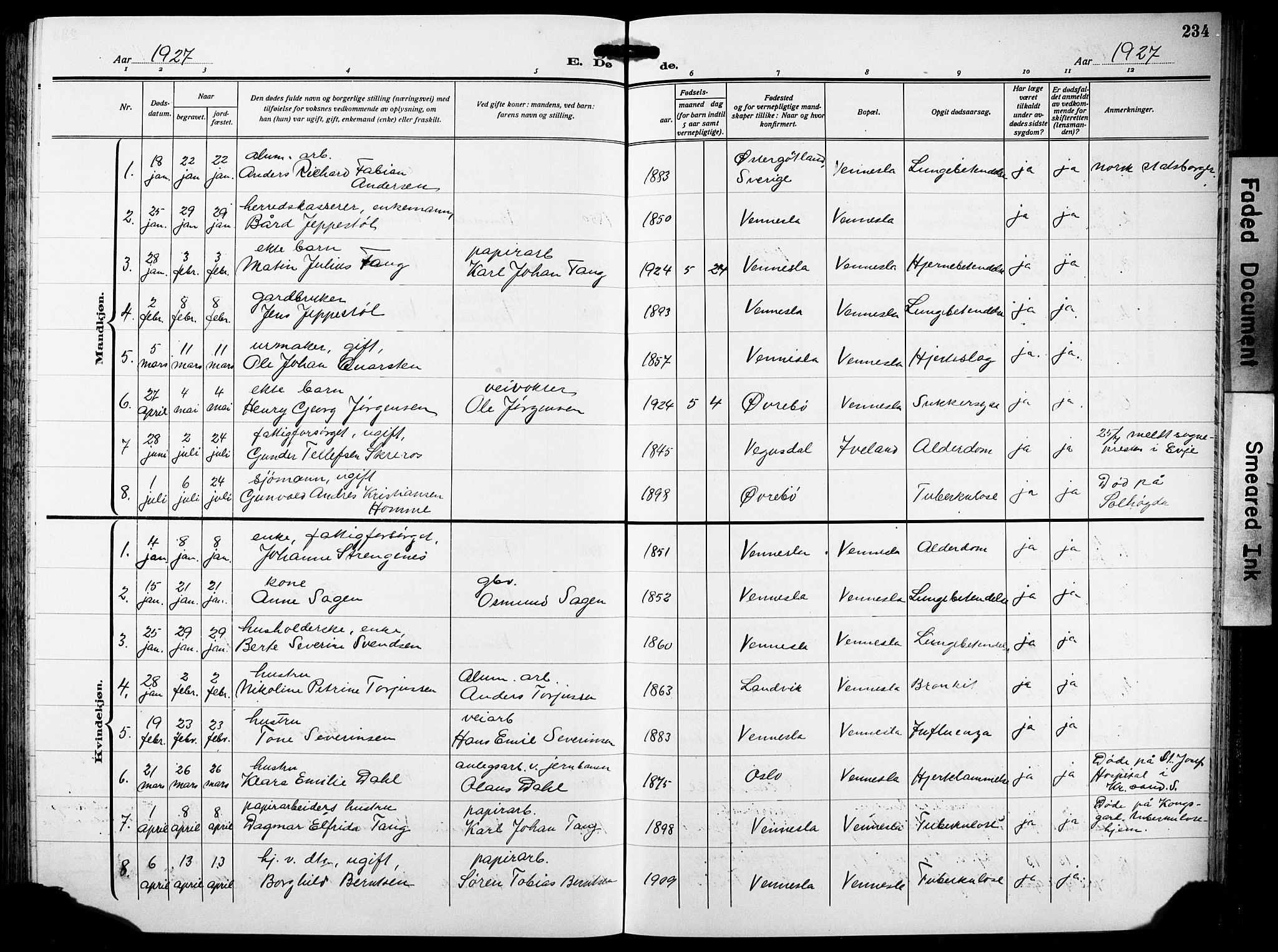 Vennesla sokneprestkontor, AV/SAK-1111-0045/Fb/Fbb/L0007: Klokkerbok nr. B 7, 1922-1933, s. 234