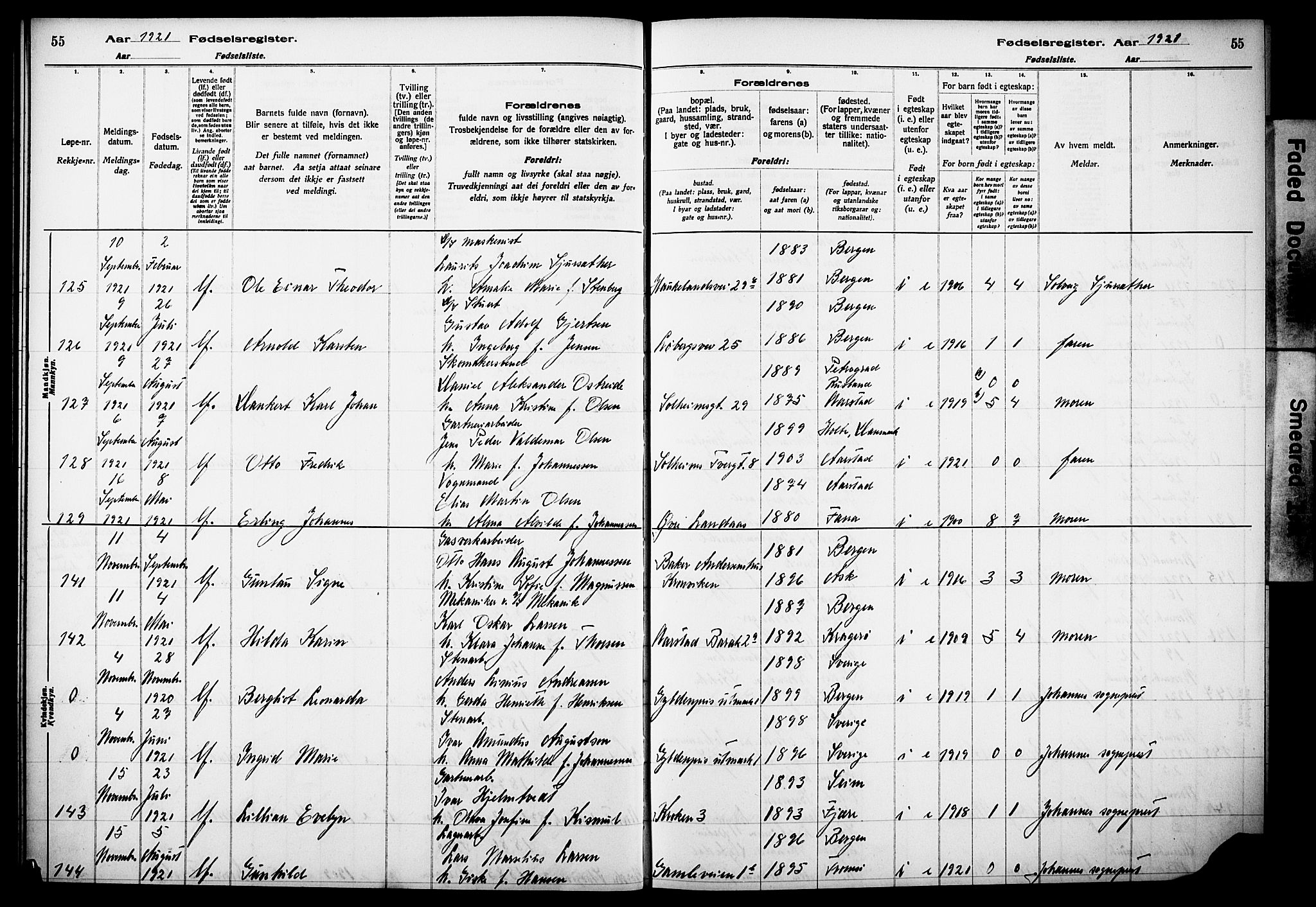 Årstad Sokneprestembete, AV/SAB-A-79301/I/Id/L0A02: Fødselsregister nr. A 2, 1920-1924, s. 55