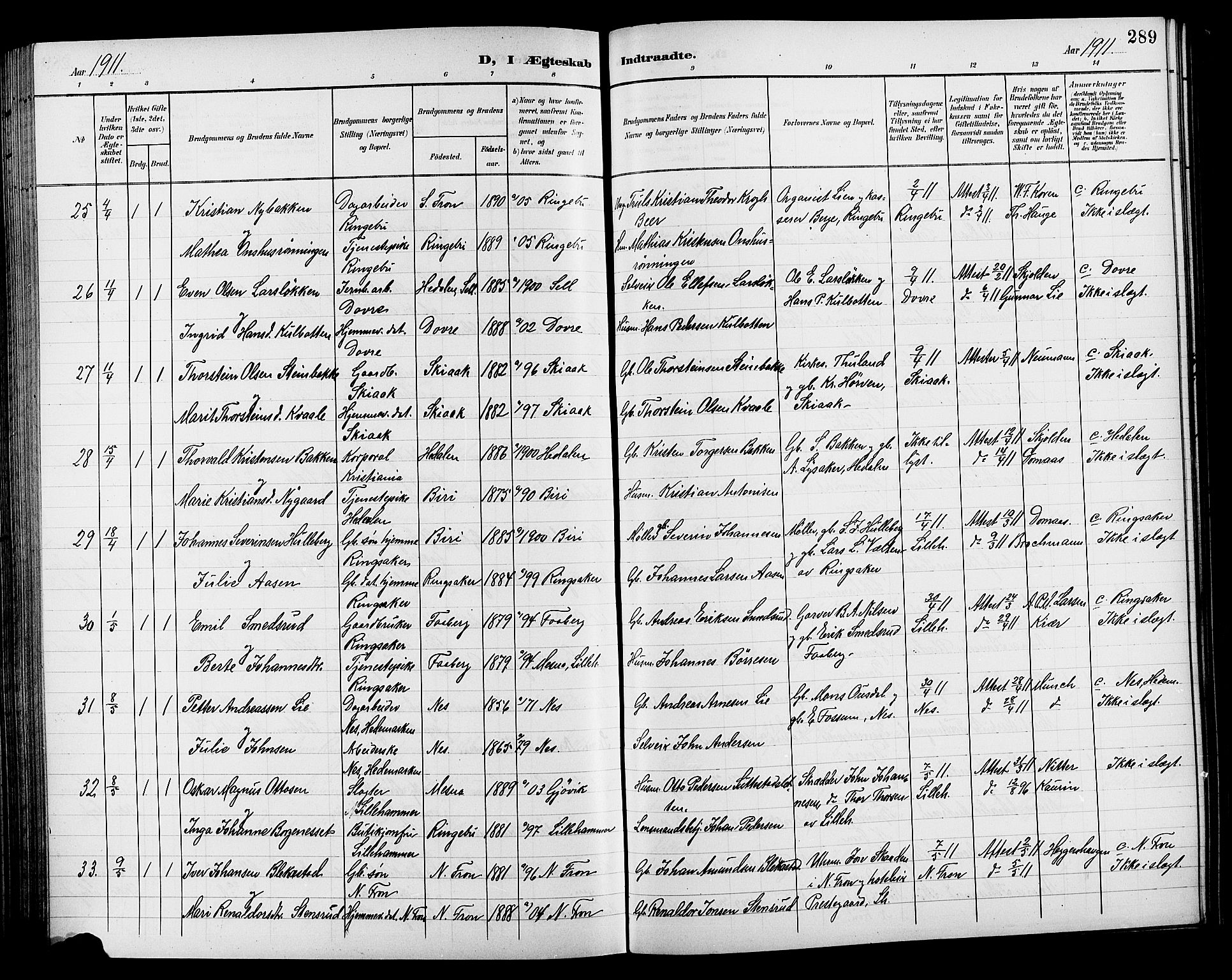 Lillehammer prestekontor, AV/SAH-PREST-088/H/Ha/Hab/L0001: Klokkerbok nr. 1, 1901-1913, s. 289