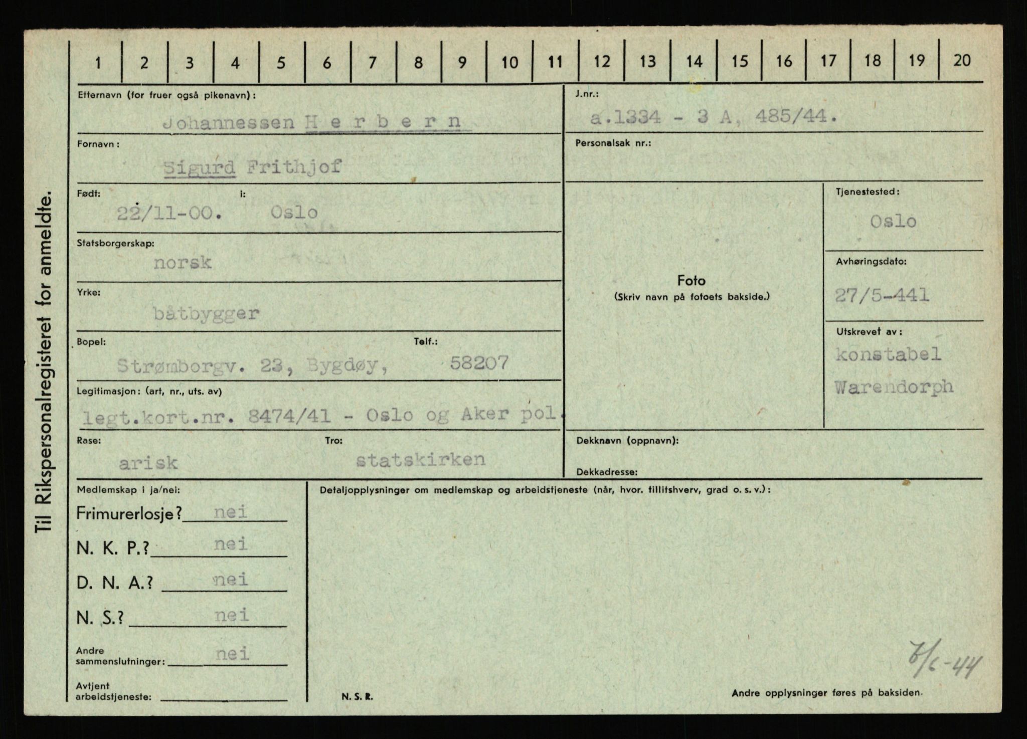 Statspolitiet - Hovedkontoret / Osloavdelingen, AV/RA-S-1329/C/Ca/L0006: Hanche - Hokstvedt, 1943-1945, s. 3854