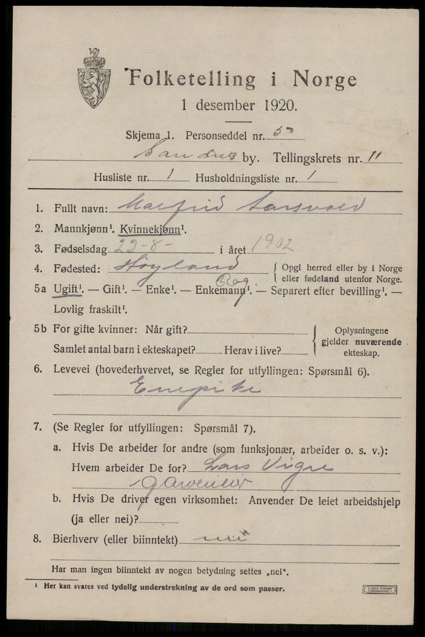 SAST, Folketelling 1920 for 1102 Sandnes ladested, 1920, s. 7234