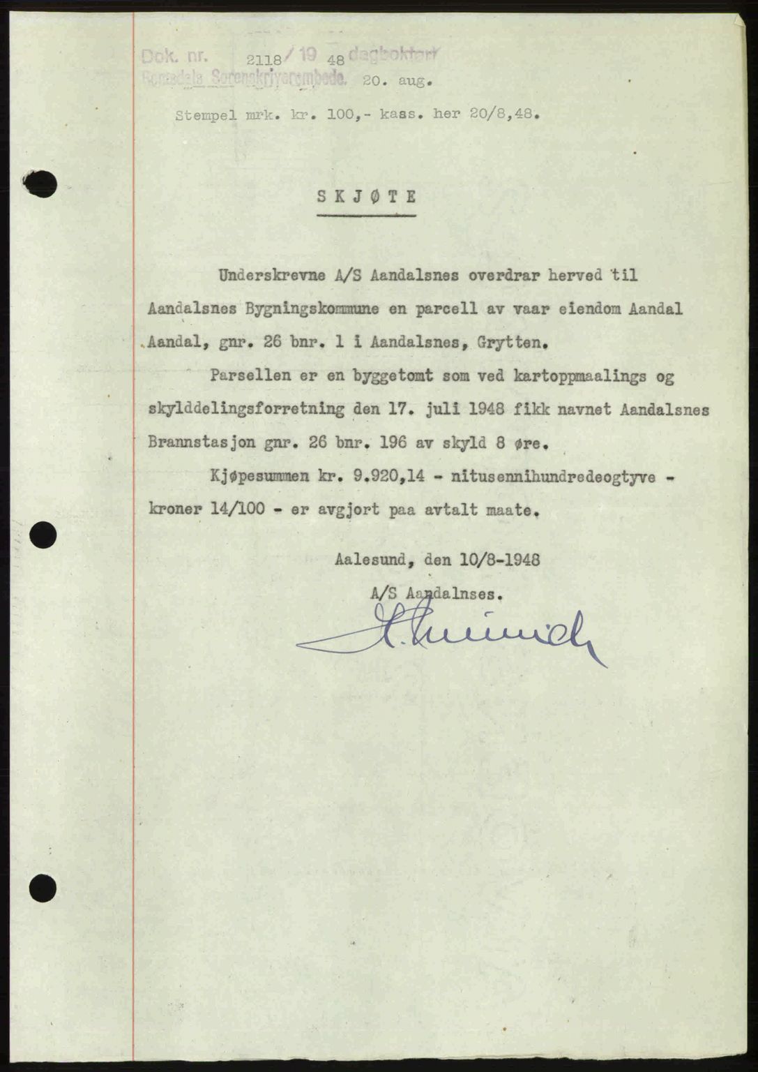 Romsdal sorenskriveri, SAT/A-4149/1/2/2C: Pantebok nr. A27, 1948-1948, Dagboknr: 2118/1948