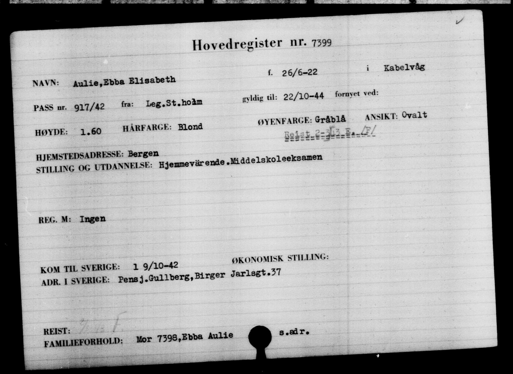 Den Kgl. Norske Legasjons Flyktningskontor, RA/S-6753/V/Va/L0005: Kjesäterkartoteket.  Flyktningenr. 6600-9417, 1940-1945, s. 938