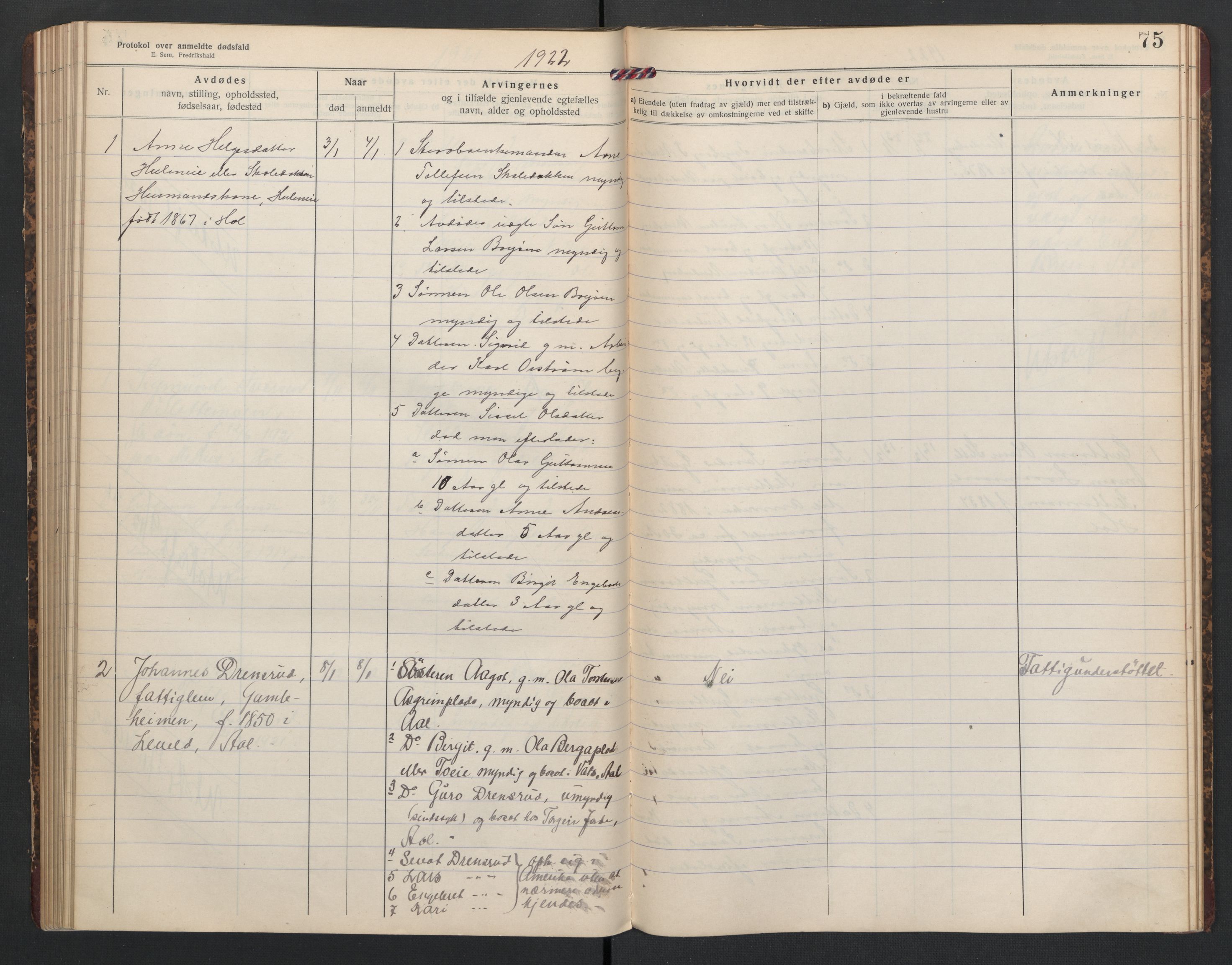 Hol lensmannskontor, AV/SAKO-A-512/H/Ha/L0005: Dødsanmeldelsesprotokoll, 1917-1924, s. 75
