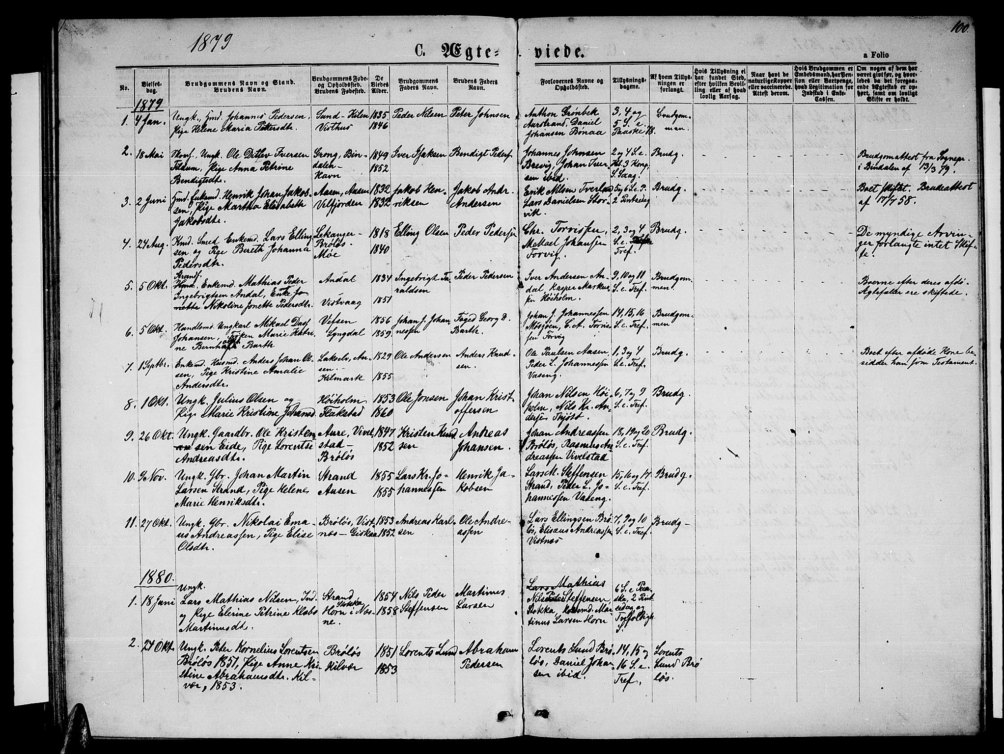 Ministerialprotokoller, klokkerbøker og fødselsregistre - Nordland, SAT/A-1459/819/L0276: Klokkerbok nr. 819C02, 1869-1887, s. 100
