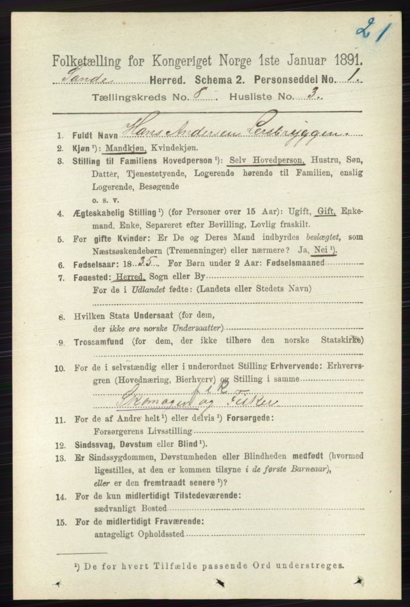 RA, Folketelling 1891 for 0713 Sande herred, 1891, s. 3540