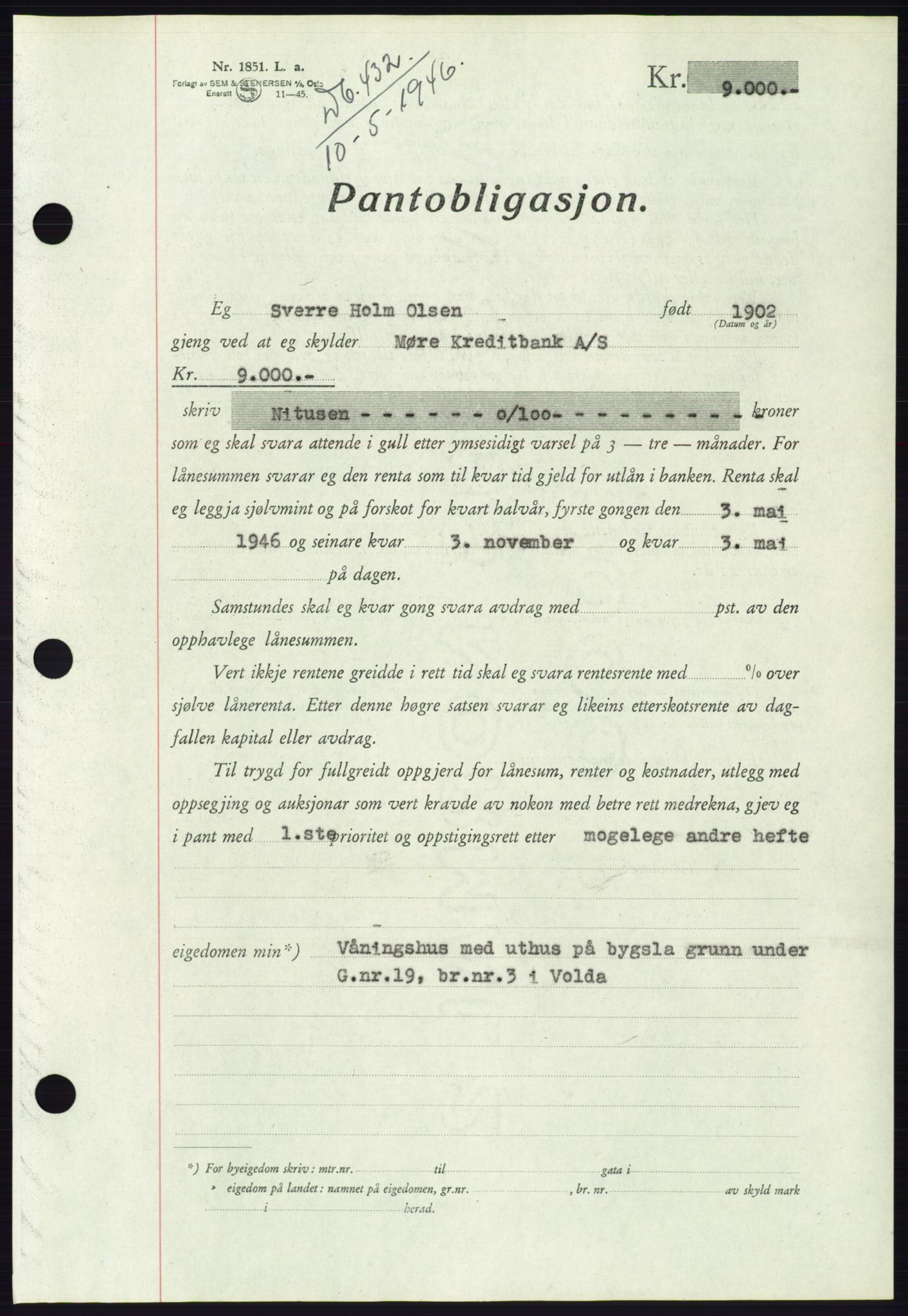 Søre Sunnmøre sorenskriveri, AV/SAT-A-4122/1/2/2C/L0114: Pantebok nr. 1-2B, 1943-1947, Dagboknr: 432/1946