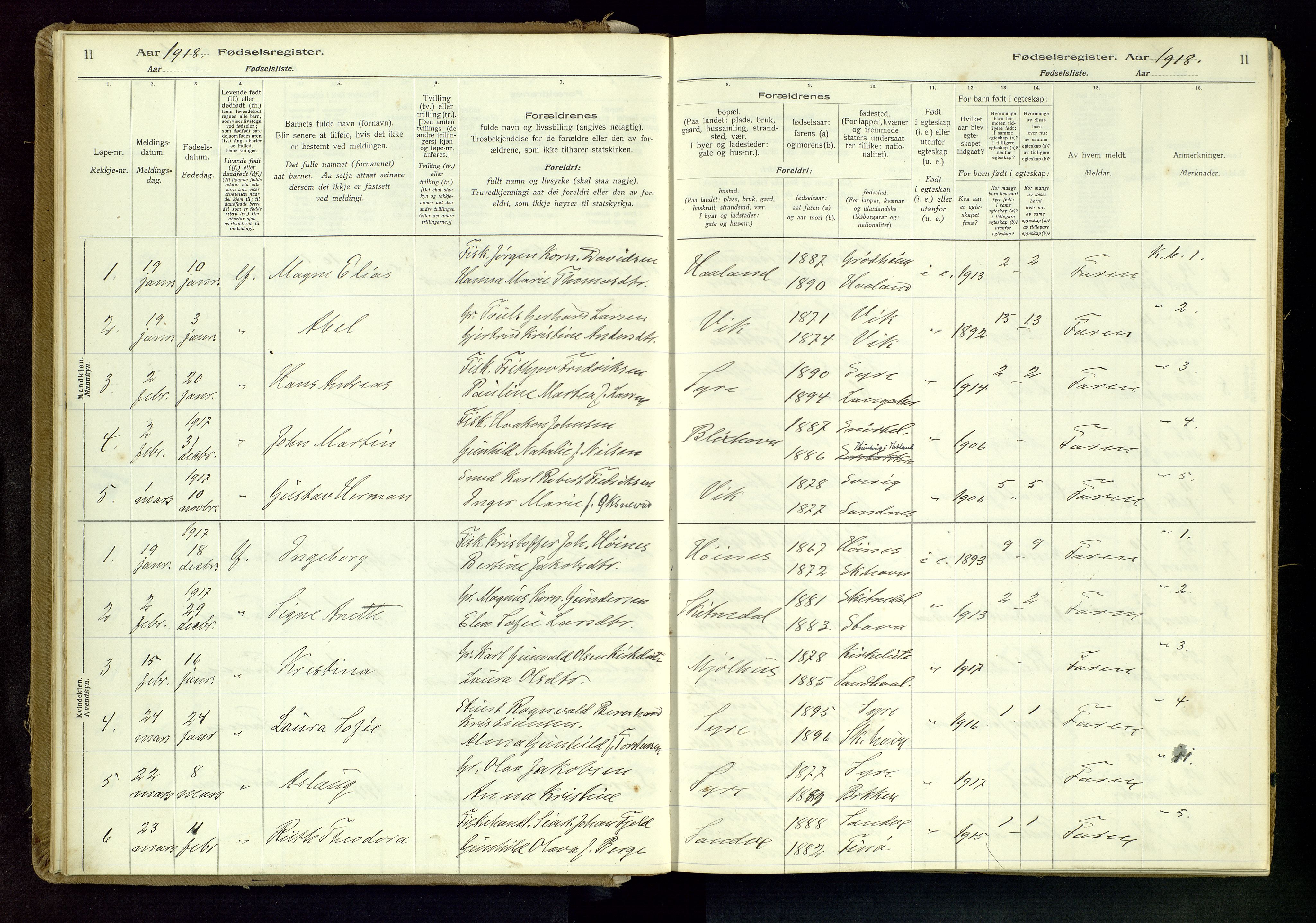 Skudenes sokneprestkontor, AV/SAST-A -101849/I/Id/L0001: Fødselsregister nr. 1, 1916-1964, s. 11