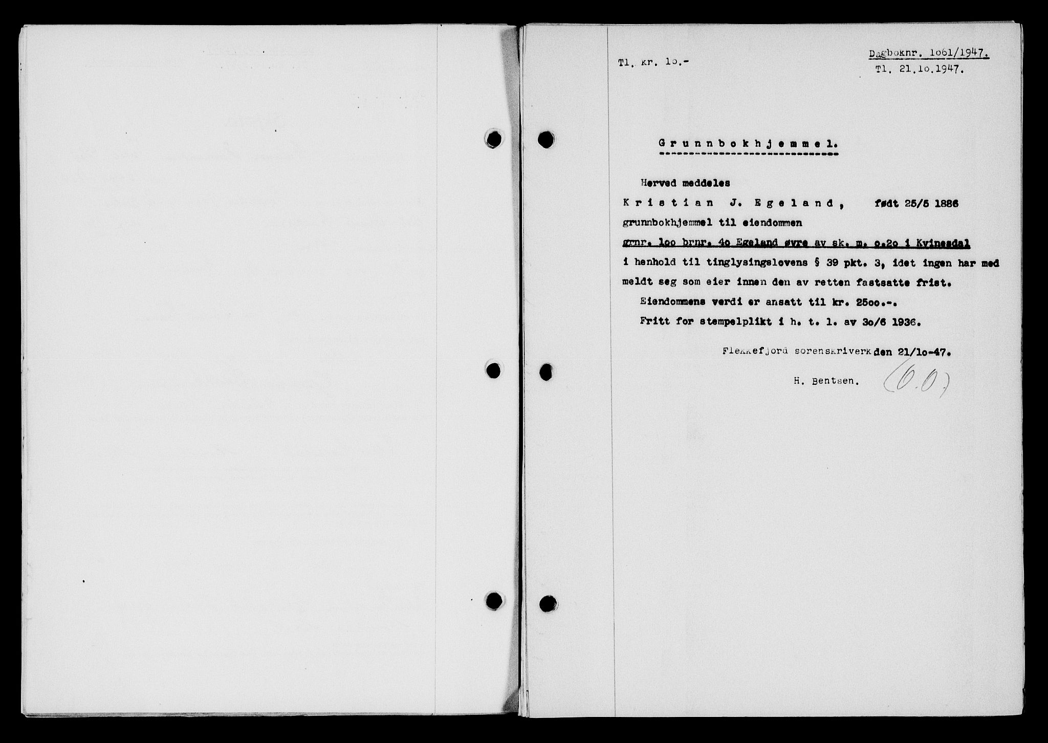 Flekkefjord sorenskriveri, SAK/1221-0001/G/Gb/Gba/L0063: Pantebok nr. A-11, 1947-1948, Dagboknr: 1061/1947