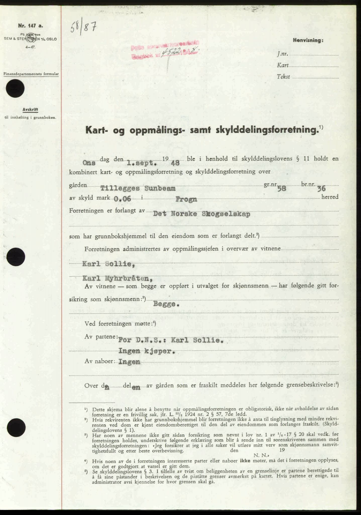 Follo sorenskriveri, SAO/A-10274/G/Ga/Gaa/L0085: Pantebok nr. I 85, 1948-1948, Dagboknr: 4522/1948