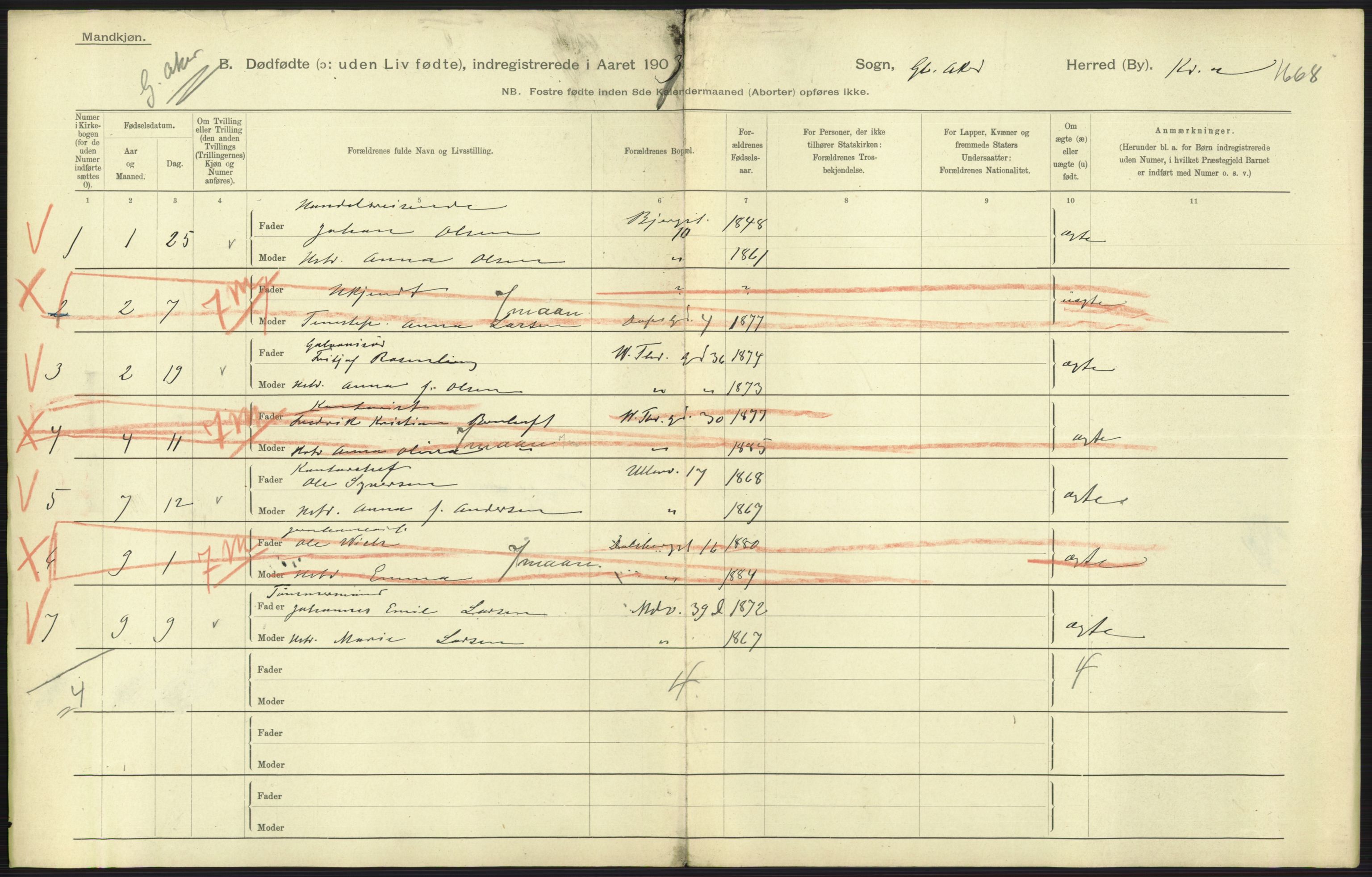 Statistisk sentralbyrå, Sosiodemografiske emner, Befolkning, AV/RA-S-2228/D/Df/Dfa/Dfaa/L0026: Smålenenes - Finnmarkens amt: Dødfødte. Byer., 1903, s. 25