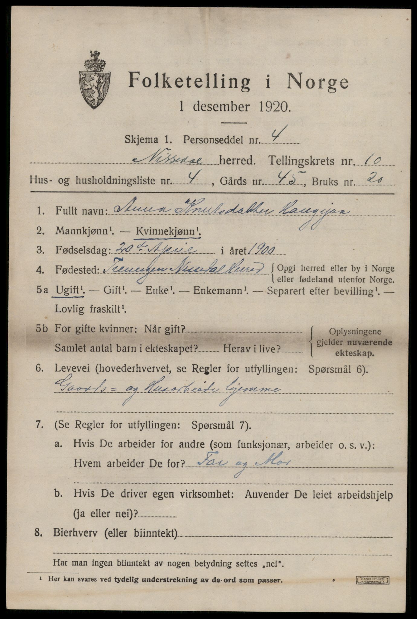 SAKO, Folketelling 1920 for 0830 Nissedal herred, 1920, s. 3913