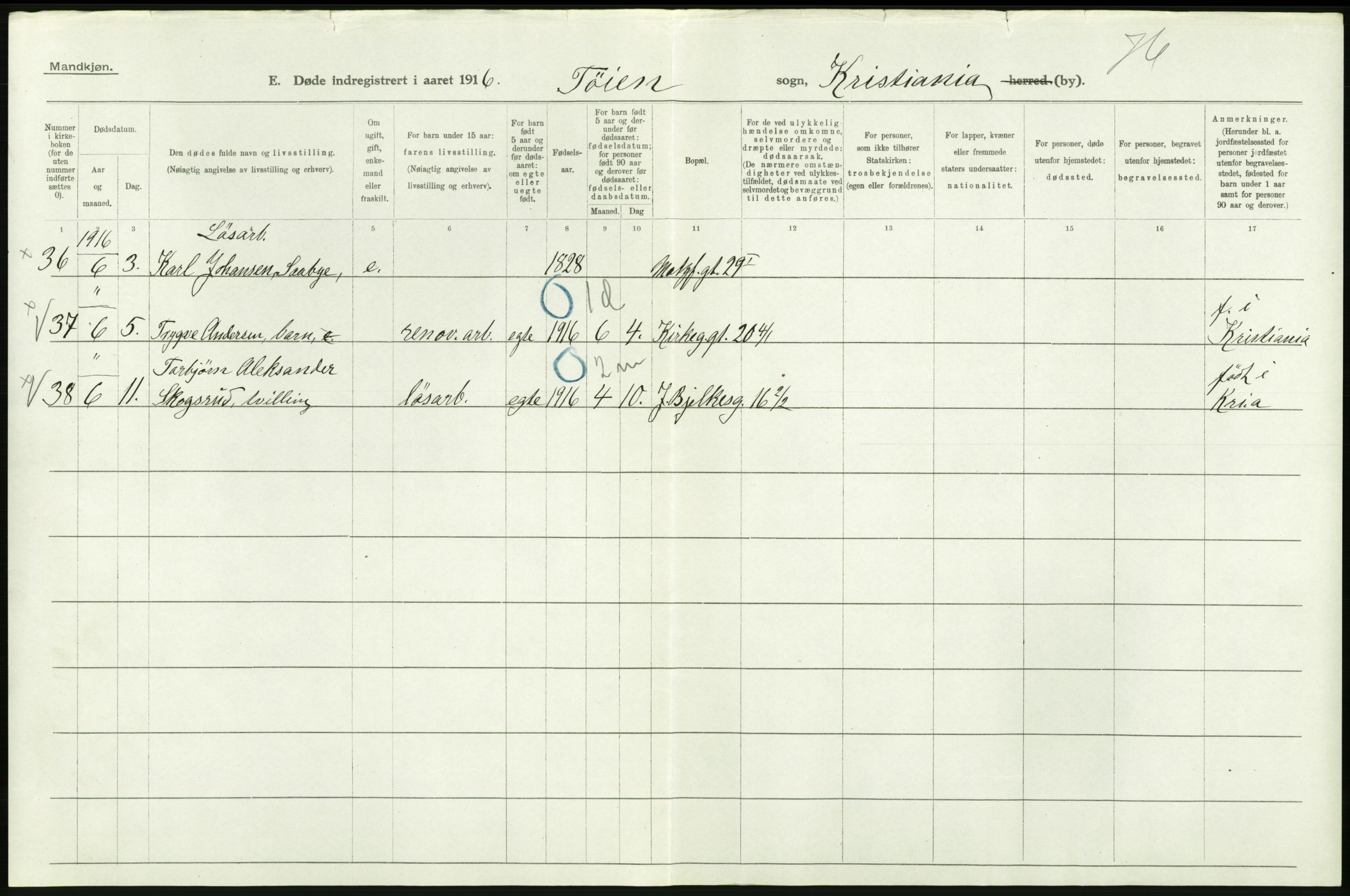 Statistisk sentralbyrå, Sosiodemografiske emner, Befolkning, AV/RA-S-2228/D/Df/Dfb/Dfbf/L0009: Kristiania: Døde., 1916, s. 486